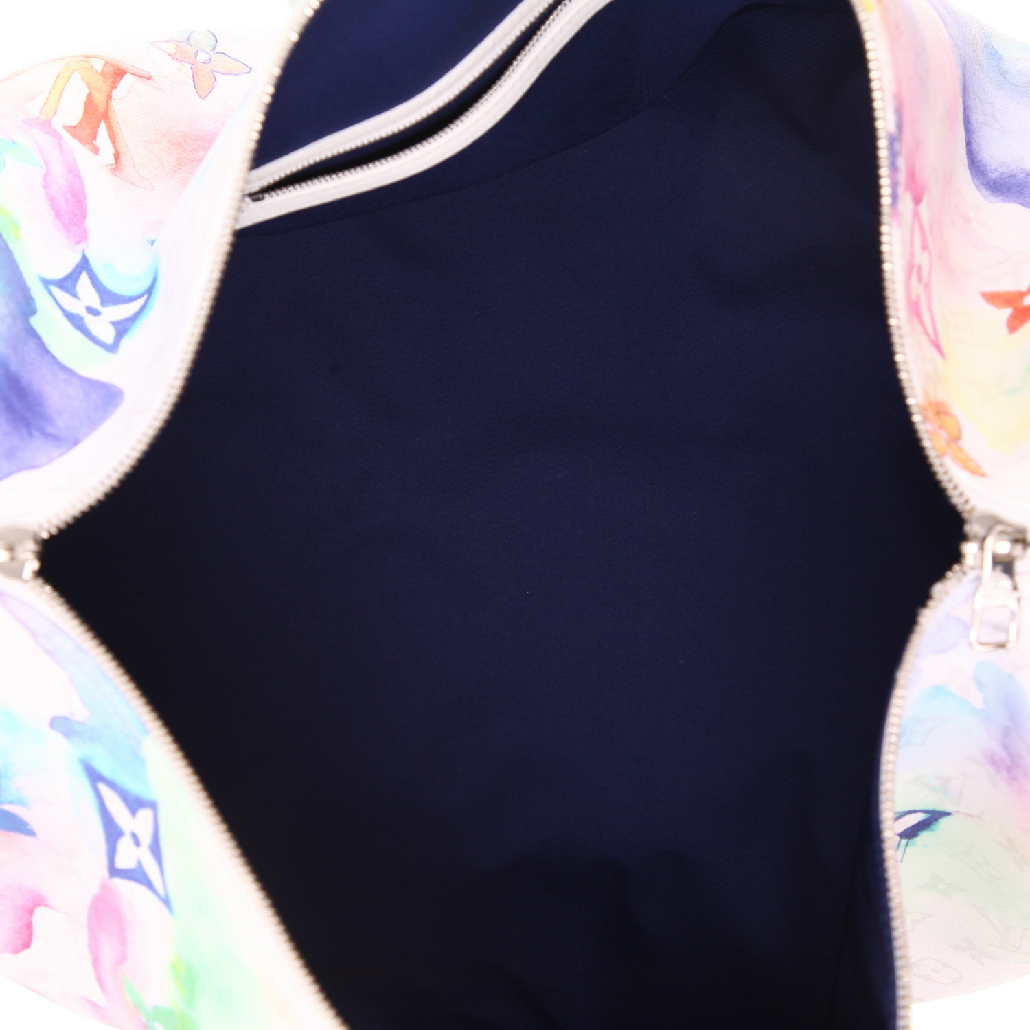 Sac de voyage Louis Vuitton Keepall Editions Limitées en toile monogram Aquarelle multicolore et cuir blanc - Detail D3