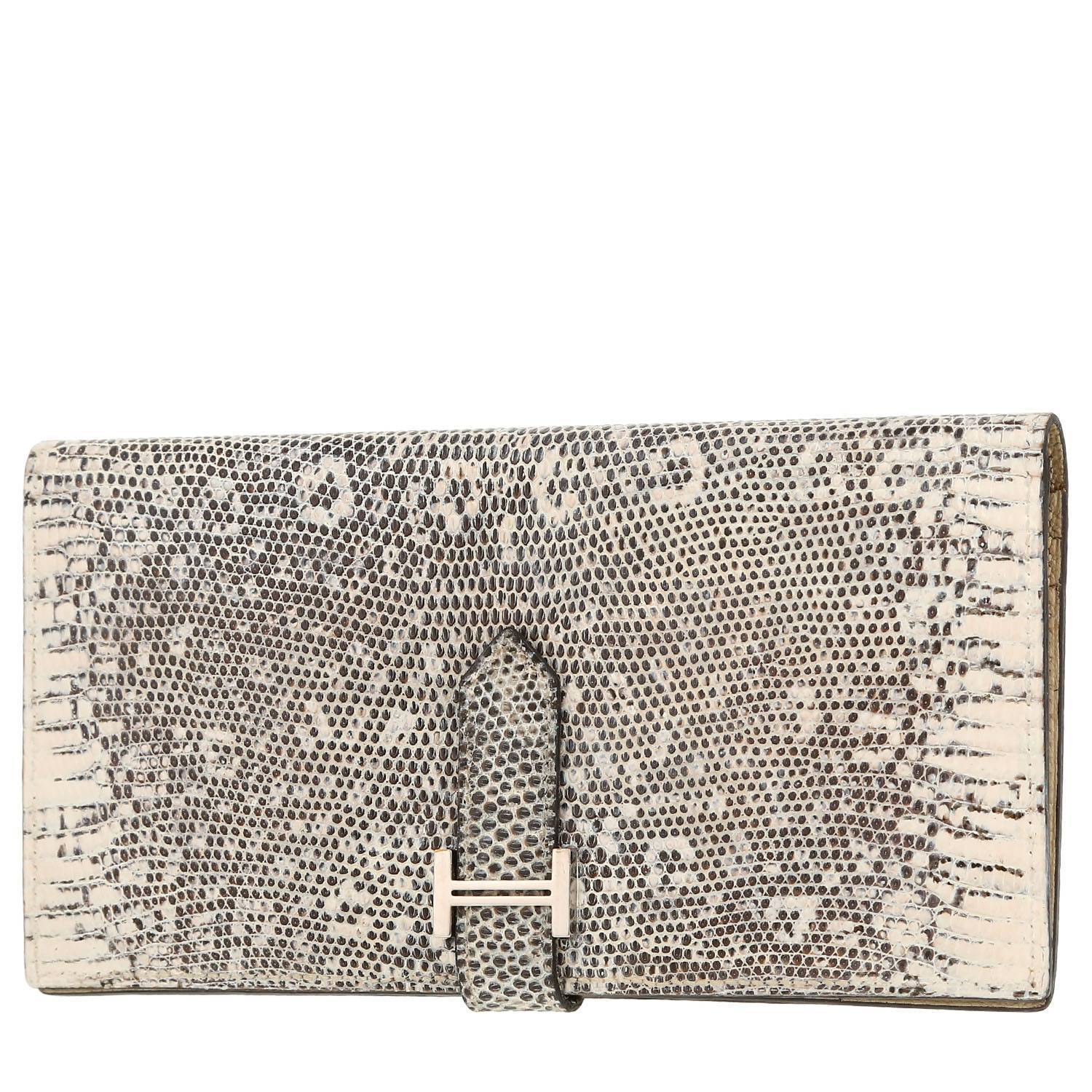 Billetera Hermès  Bearn en piel de lagarto Craie
