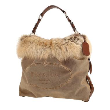 Sac à main Prada   en toile beige et fourrure synthétique beige