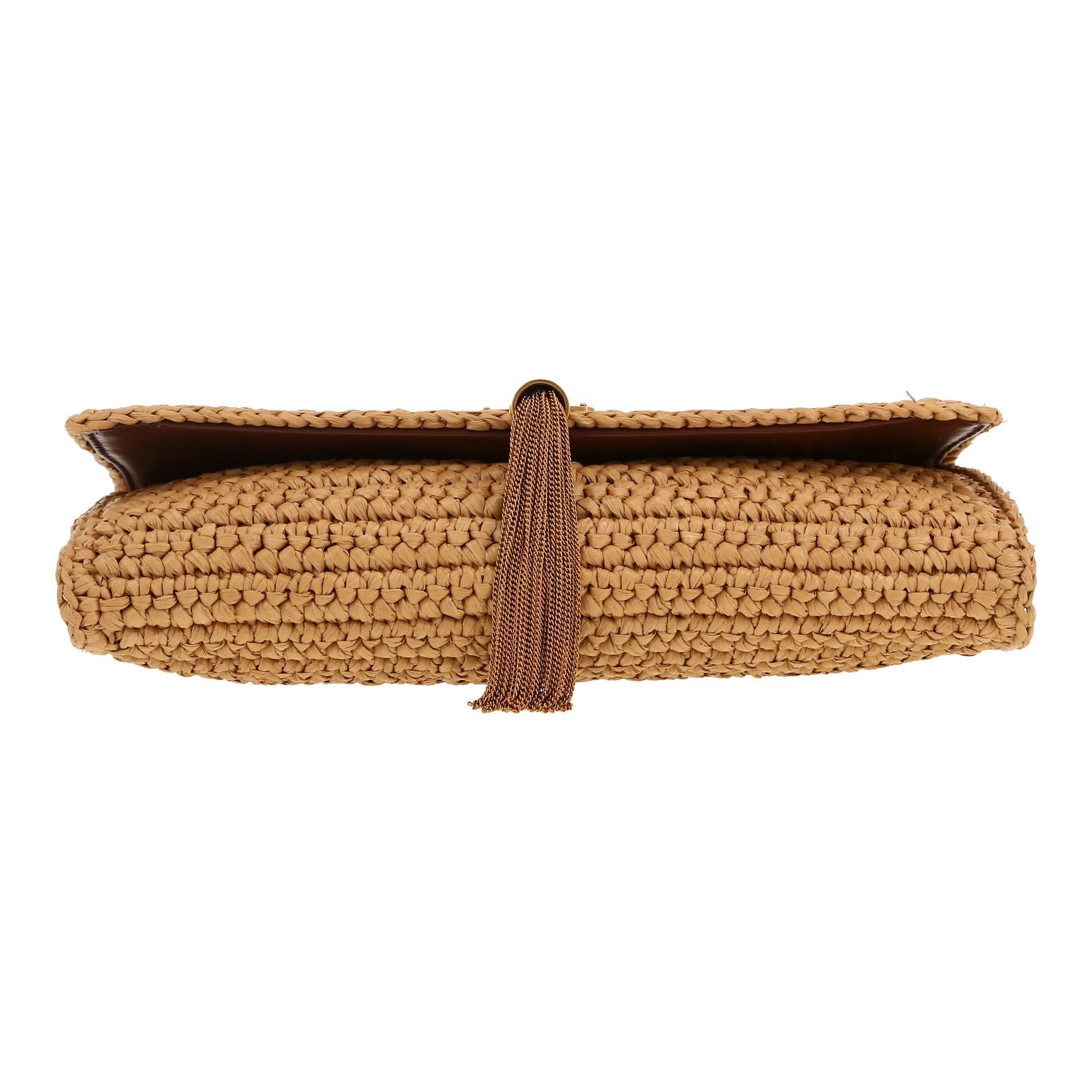 Bolso de mano Saint Laurent  Kate Pompon en raffia beige y cuero marrón - Detail D1