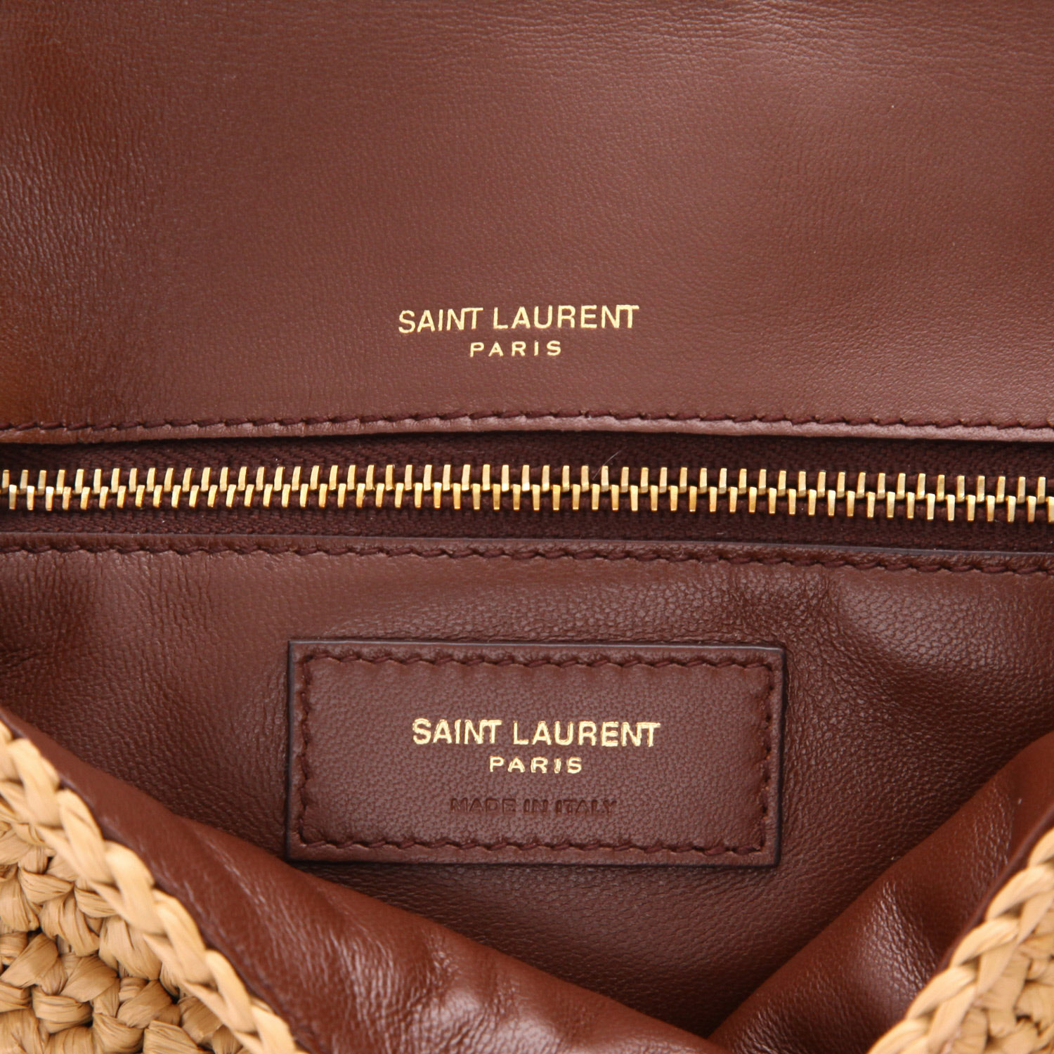Saint Laurent  Kate Pompon handbag  in beige raphia  and brown leather - Detail D2