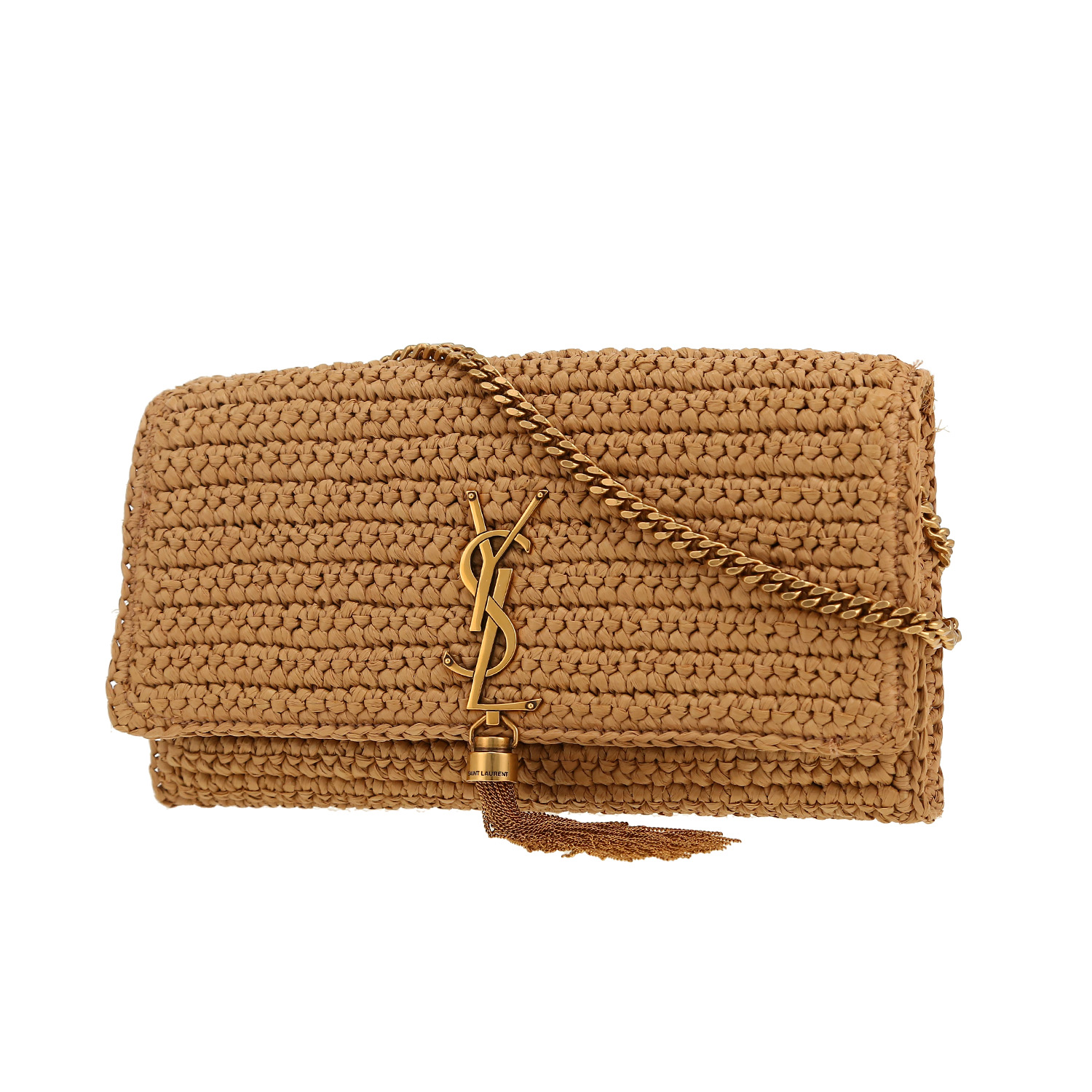 Sac à main Saint Laurent  Kate Pompon en raffia beige et cuir marron - Detail D4
