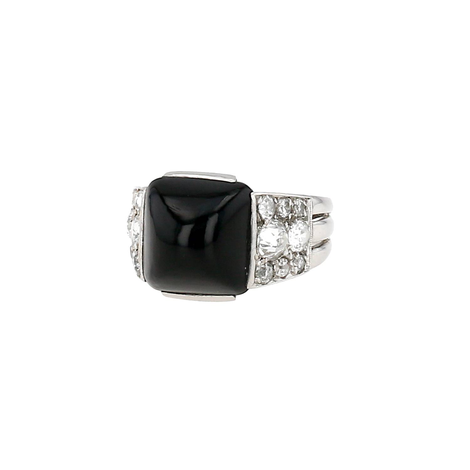 Bague Art Déco Vintage en or blanc, onyx et diamants