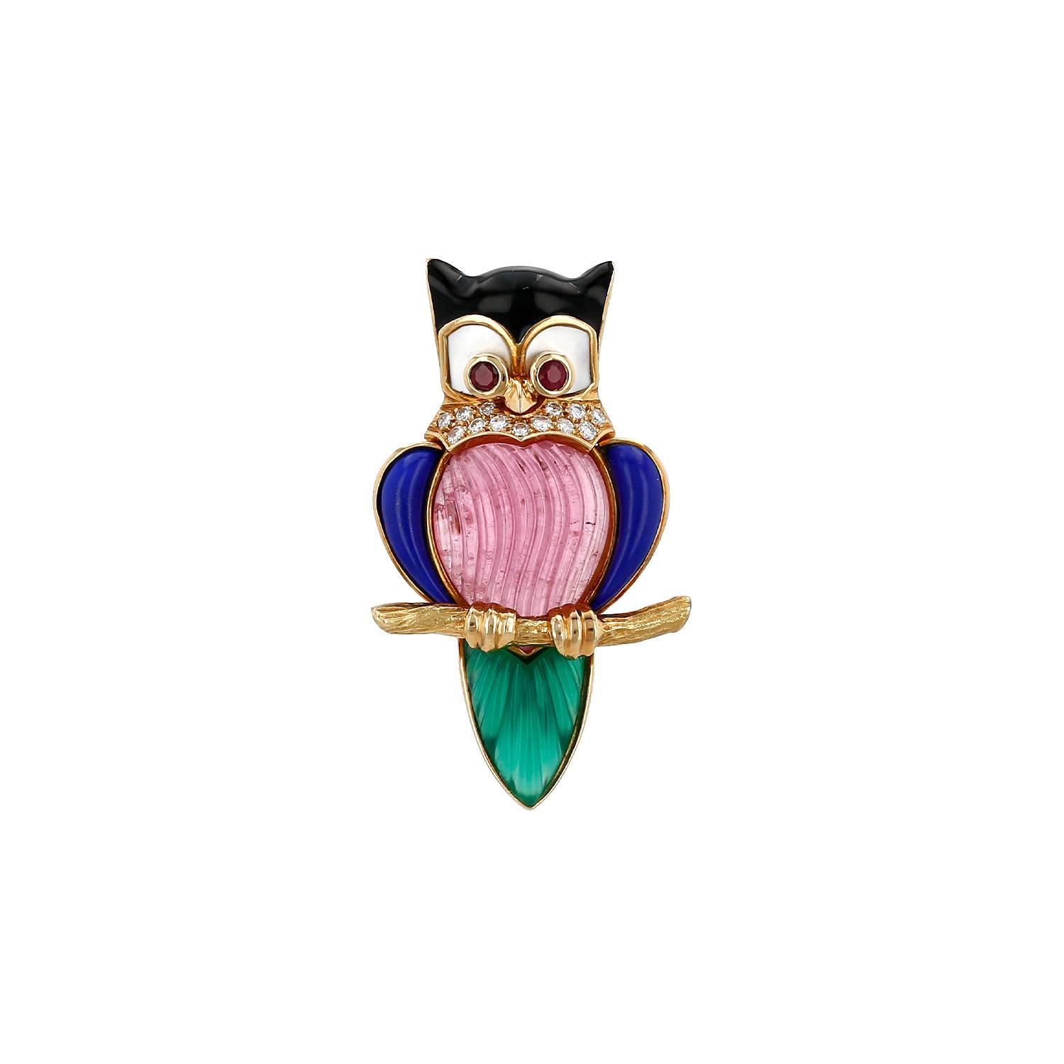 Broche années 1980 Vintage Jean et Pierre Bellin en or jaune, pierres de couleurs et diamants - 00pp