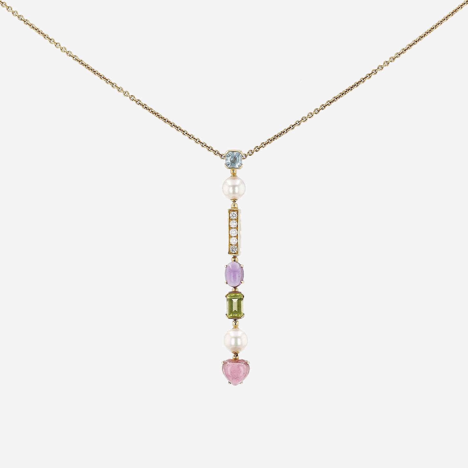 Articulated Bulgari Allegra necklace in yellow gold,  diamonds and colored stones and in pearls