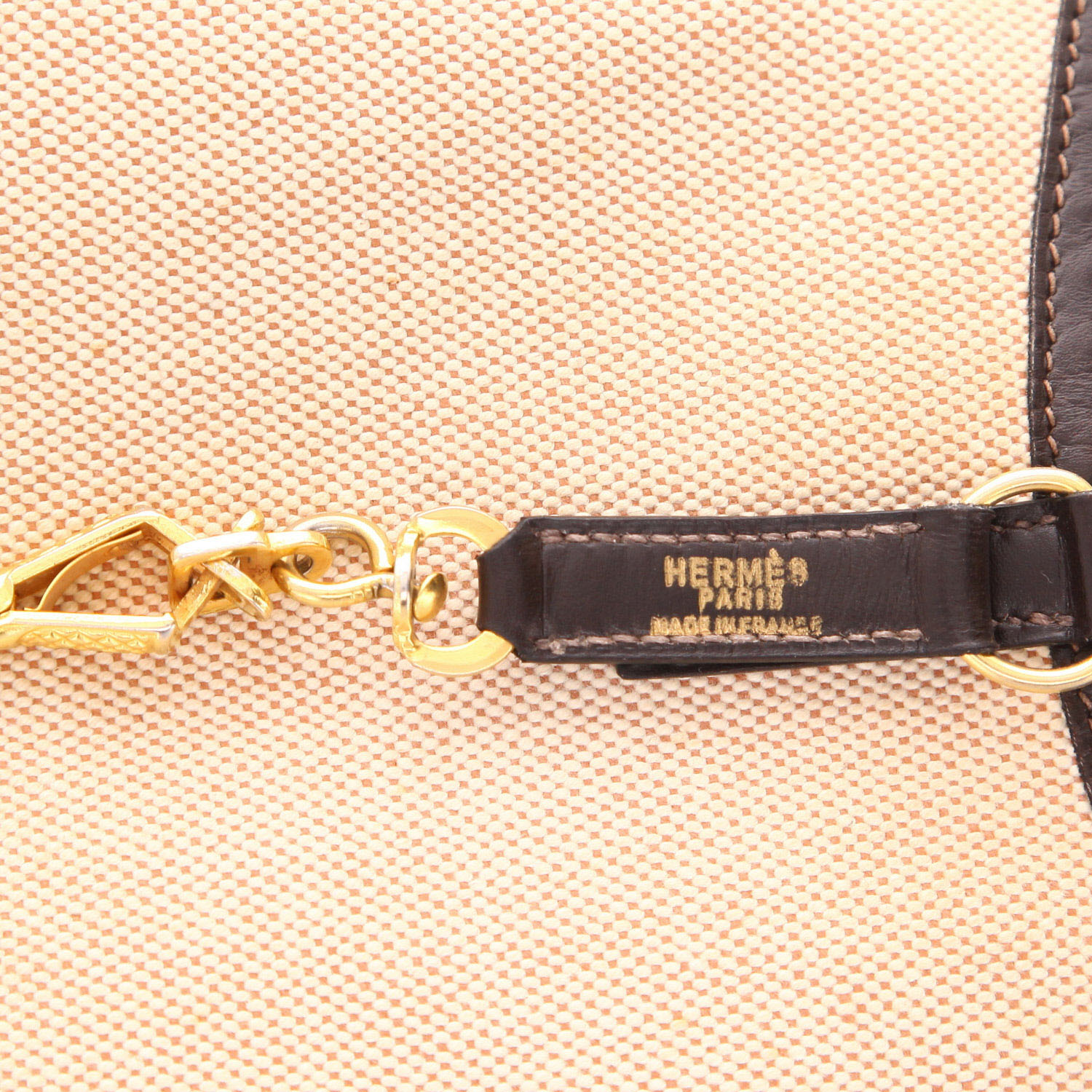 Borsa da spalla o a mano Hermès  Trim in tela beige e pelle box marrone - Detail D2