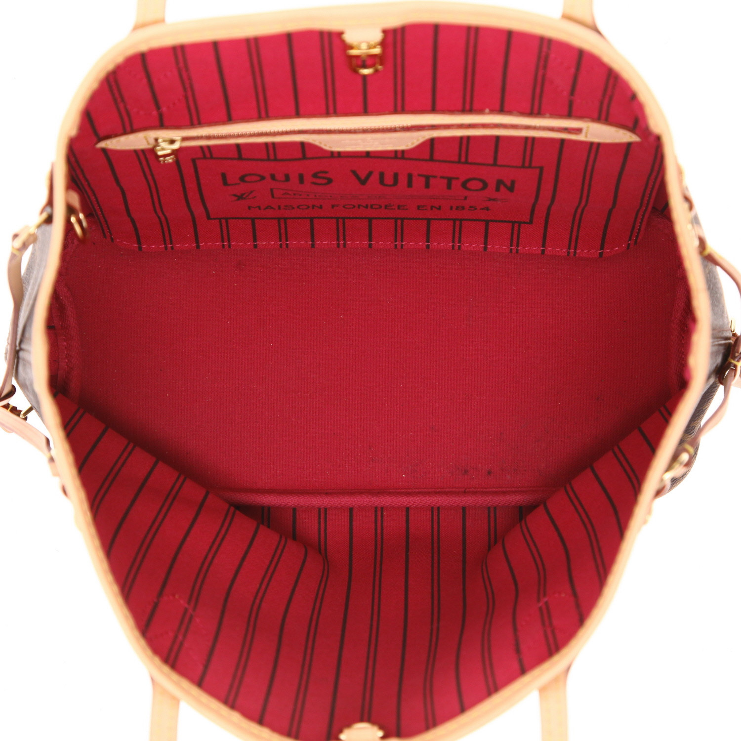 Sac cabas Louis Vuitton  Neverfull petit modèle  en toile monogram marron et cuir naturel - Detail D3