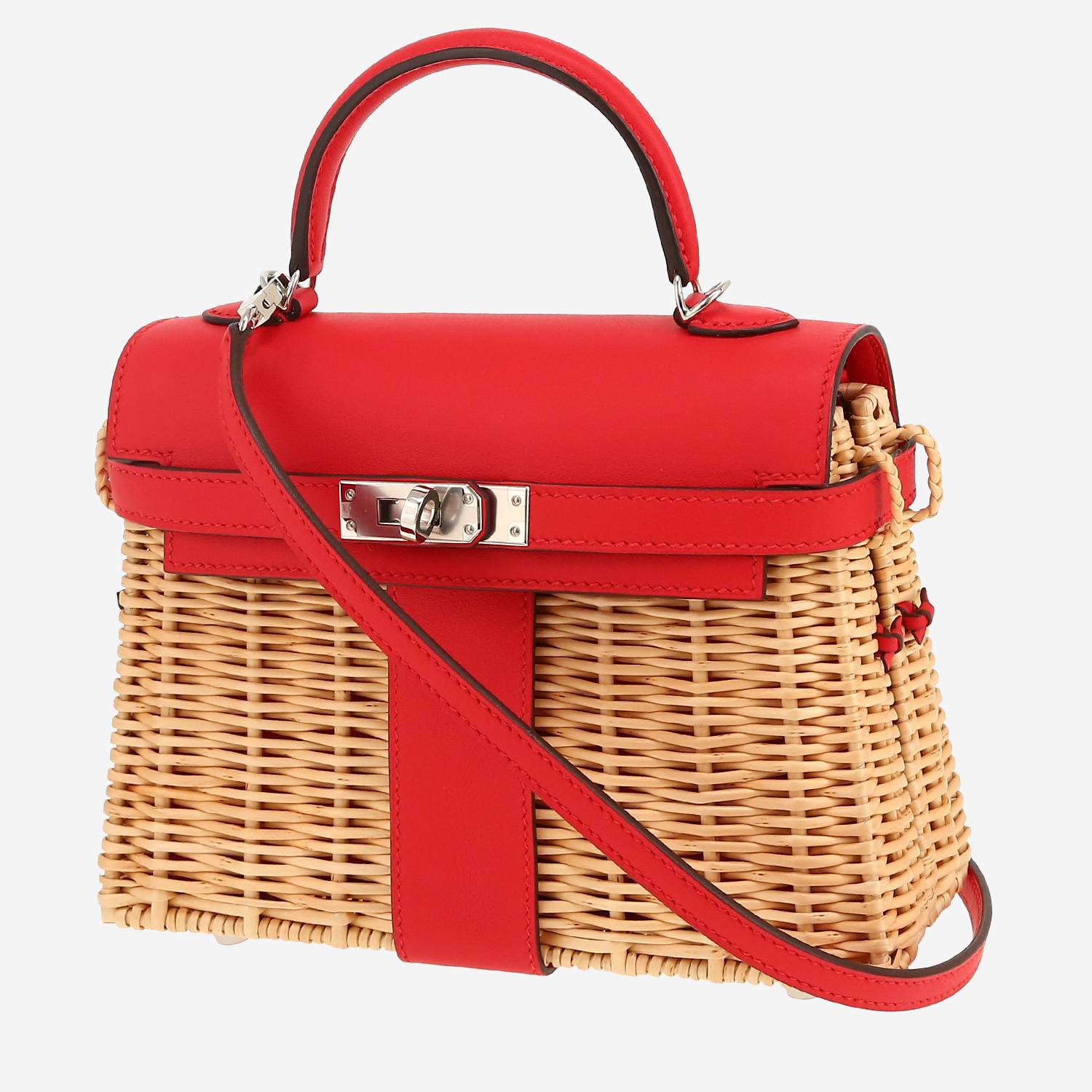 Bolso de mano Hermès  Kelly Picnic 20 cm en mimbre y cuero swift rojo