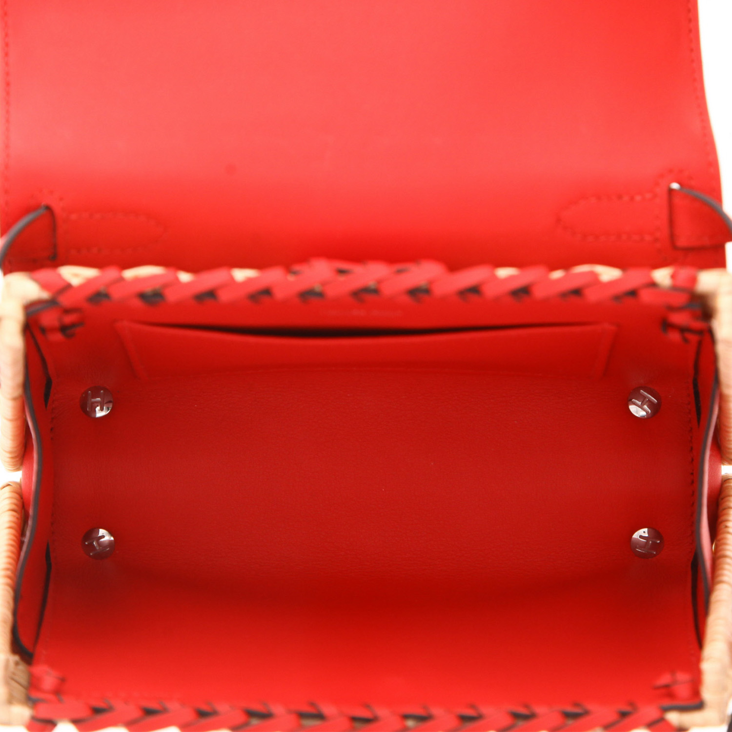 Bolso de mano Hermès  Kelly Picnic 20 cm en mimbre y cuero swift rojo - Detail D3