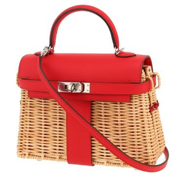 Borsa Hermès  Kelly Picnic 20 cm in vimini e pelle Swift rossa