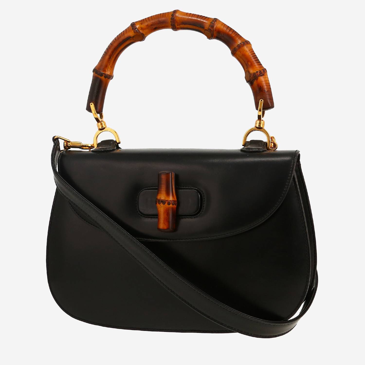 Gucci  Bamboo medium model  shoulder bag  in black leather  and bamboo