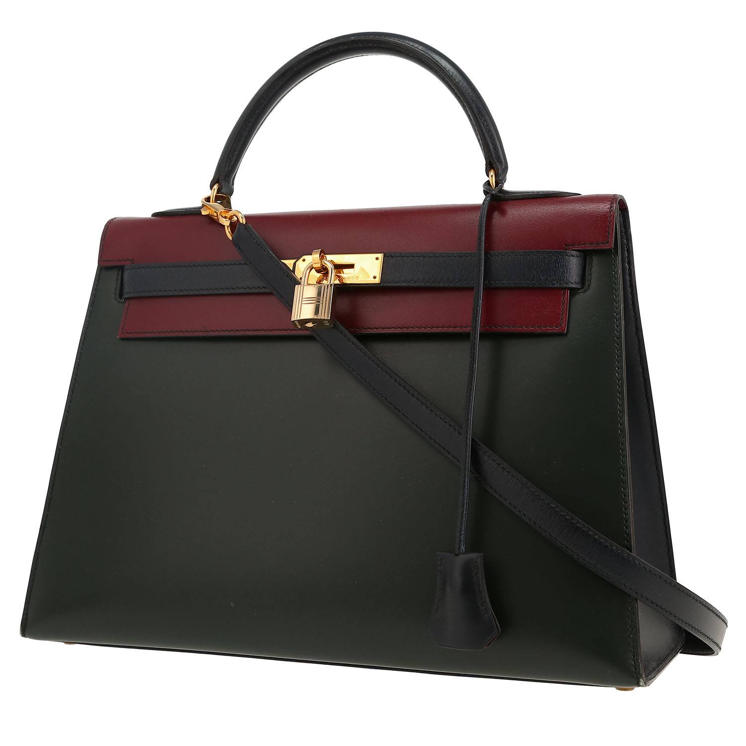 Borsa Hermès  Kelly 32 cm in pelle box bordeaux verde e blu marino