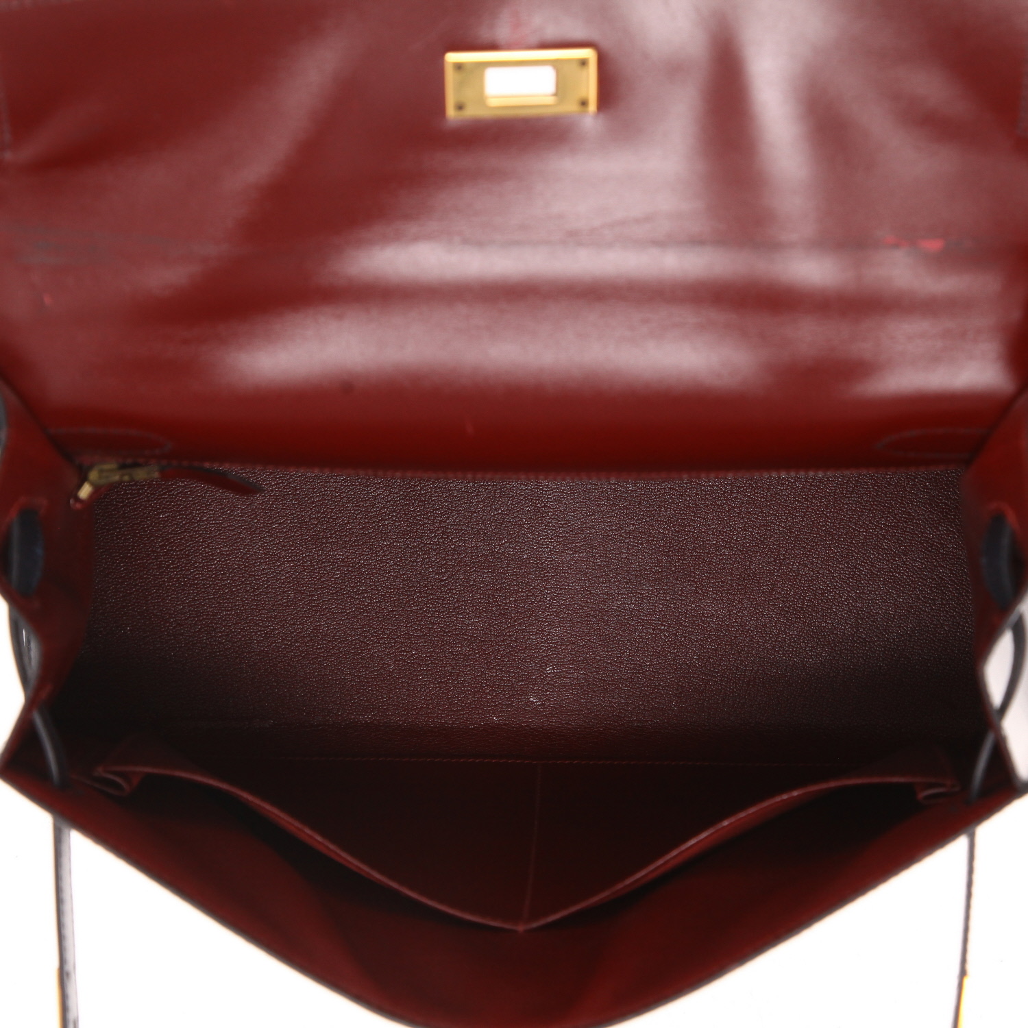 Hermès  Kelly 32 cm handbag  in burgundy, green and navy blue box leather - Detail D3