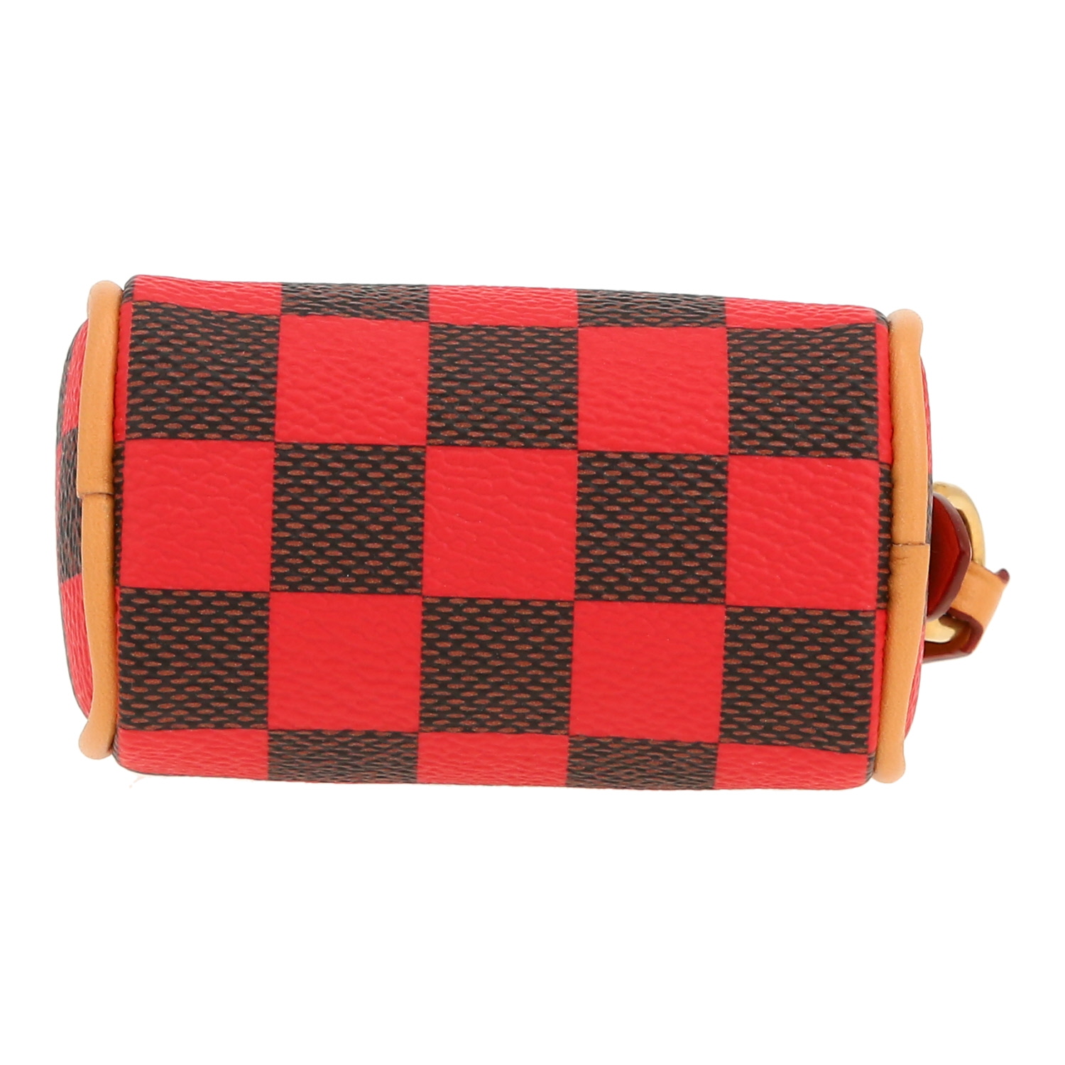 Porte-clef Louis Vuitton  Nano Speedy en toile damier marron et rouge et cuir naturel - Detail D1