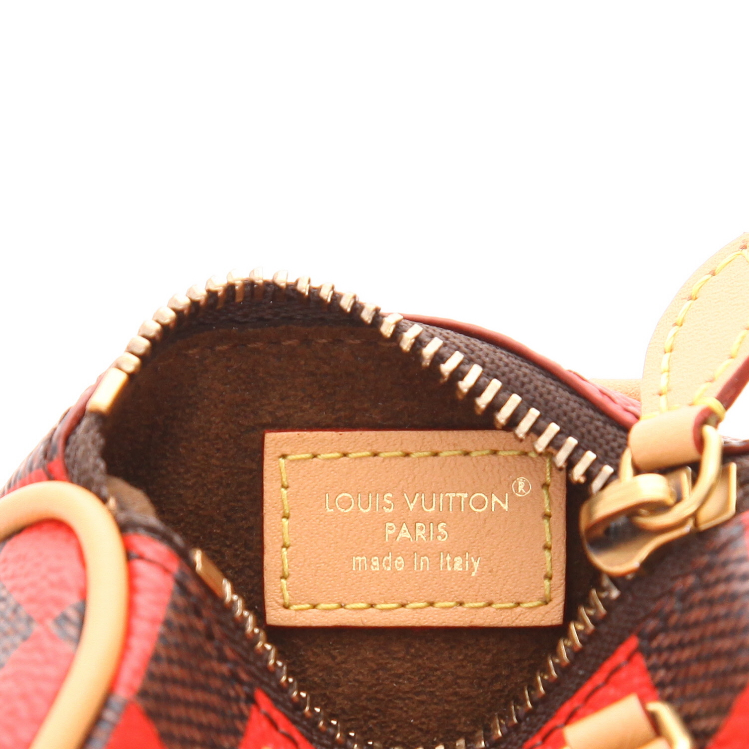 Porte-clef Louis Vuitton  Nano Speedy en toile damier marron et rouge et cuir naturel - Detail D2