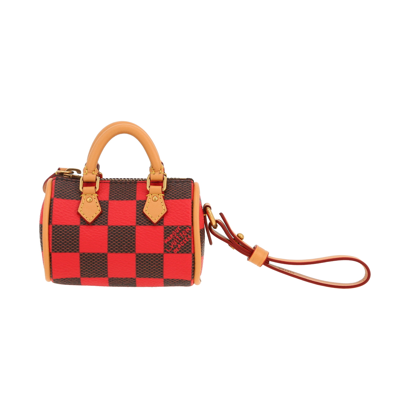 Porte-clef Louis Vuitton  Nano Speedy en toile damier marron et rouge et cuir naturel - Detail D4