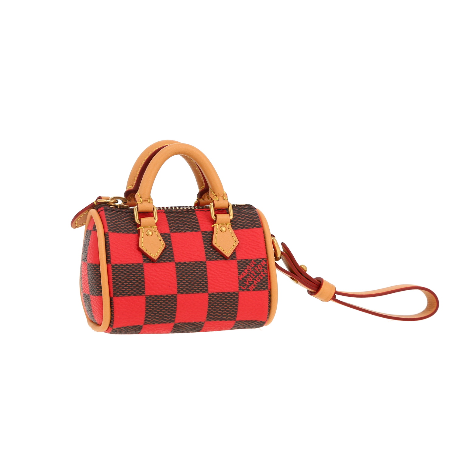Porte-clef Louis Vuitton  Nano Speedy en toile damier marron et rouge et cuir naturel - Detail D5