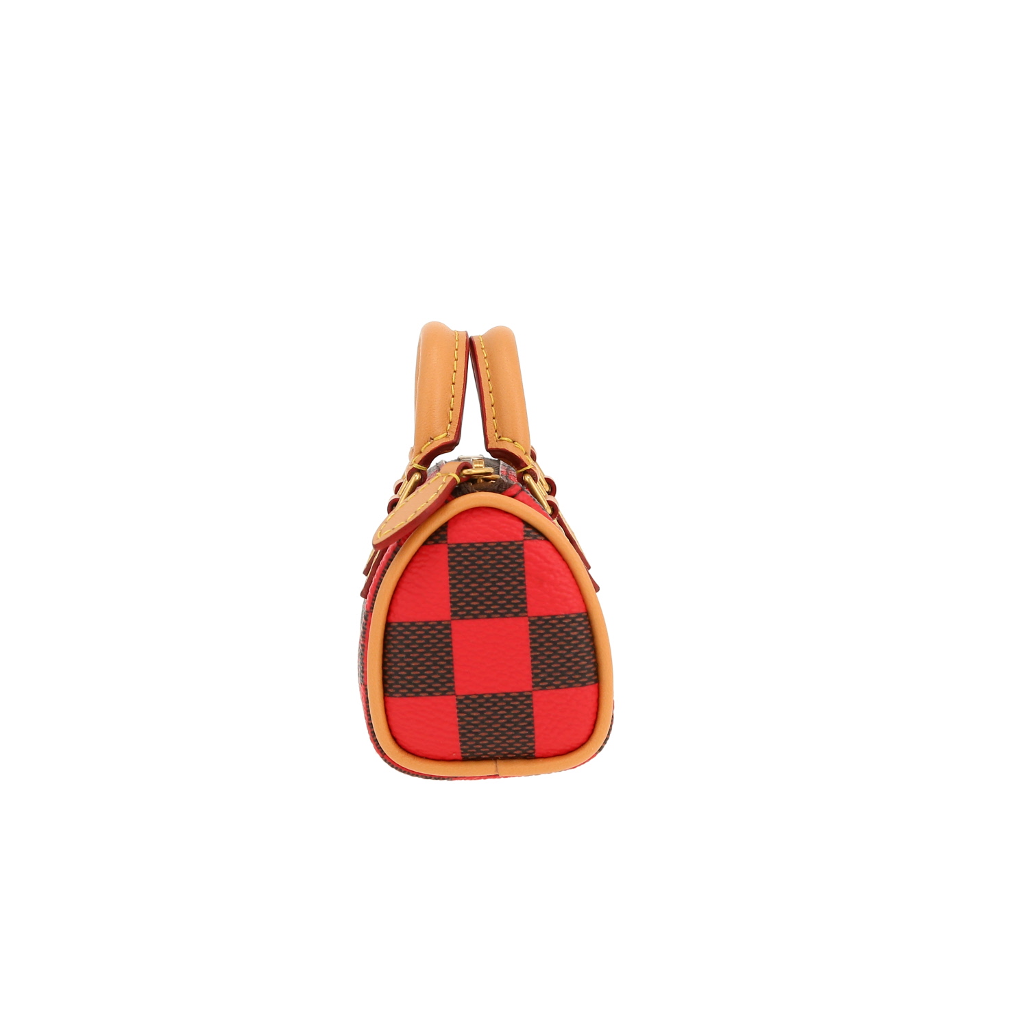 Porte-clef Louis Vuitton  Nano Speedy en toile damier marron et rouge et cuir naturel - Detail D6