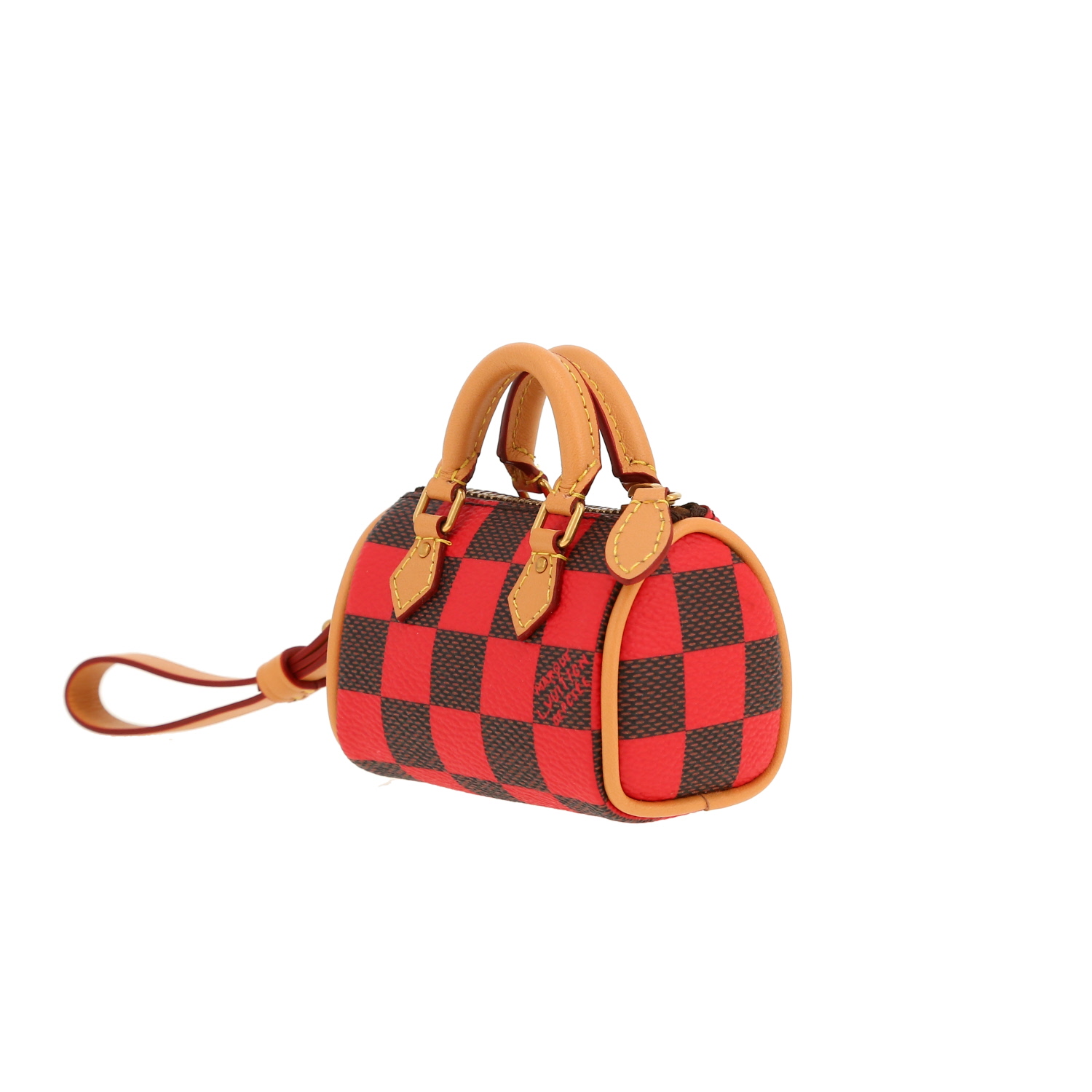 Porte-clef Louis Vuitton  Nano Speedy en toile damier marron et rouge et cuir naturel - Detail D7