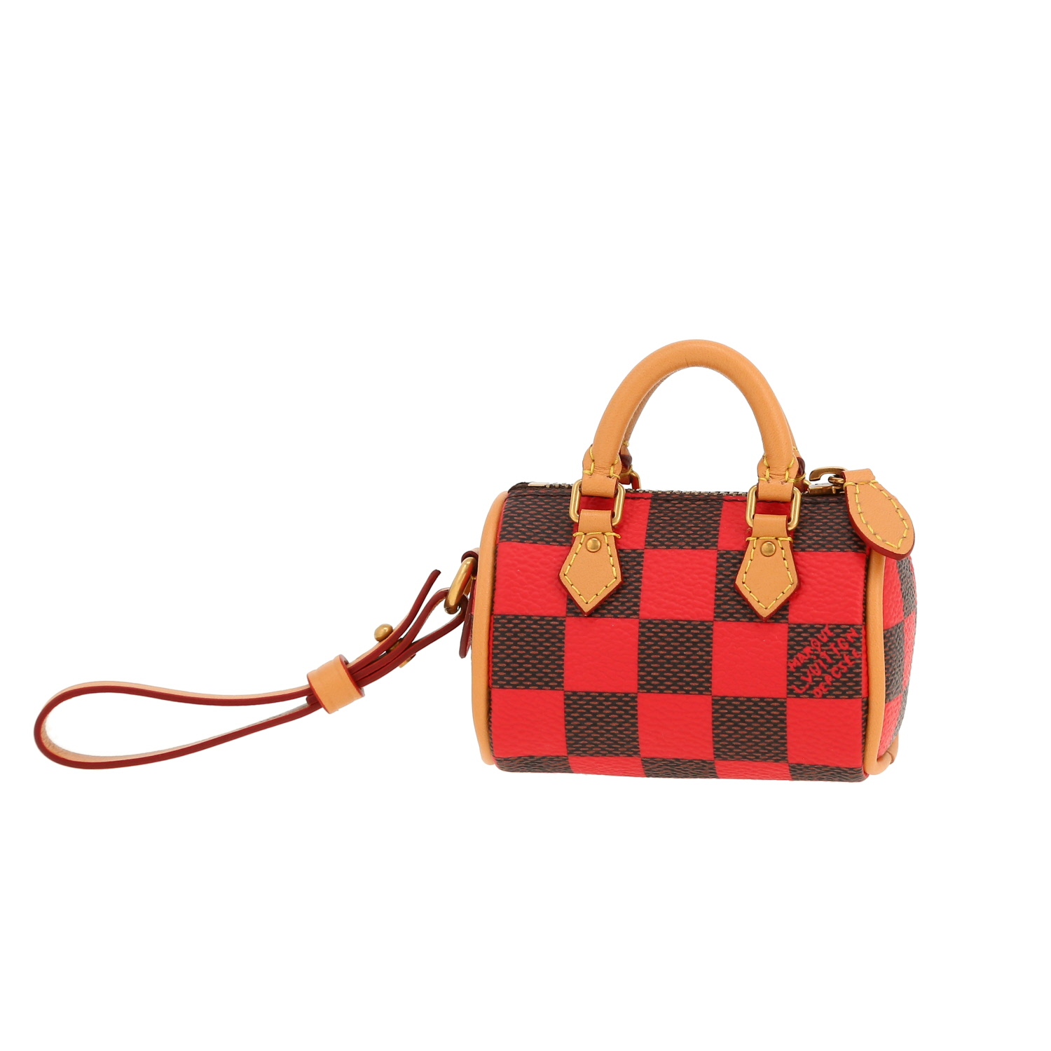 Porte-clef Louis Vuitton  Nano Speedy en toile damier marron et rouge et cuir naturel - Detail D8