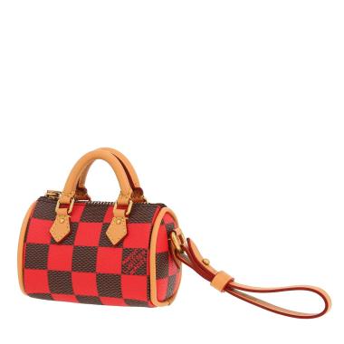 Portachiavi Louis Vuitton  Nano Speedy in tela a scacchi marrone e rossa e pelle naturale