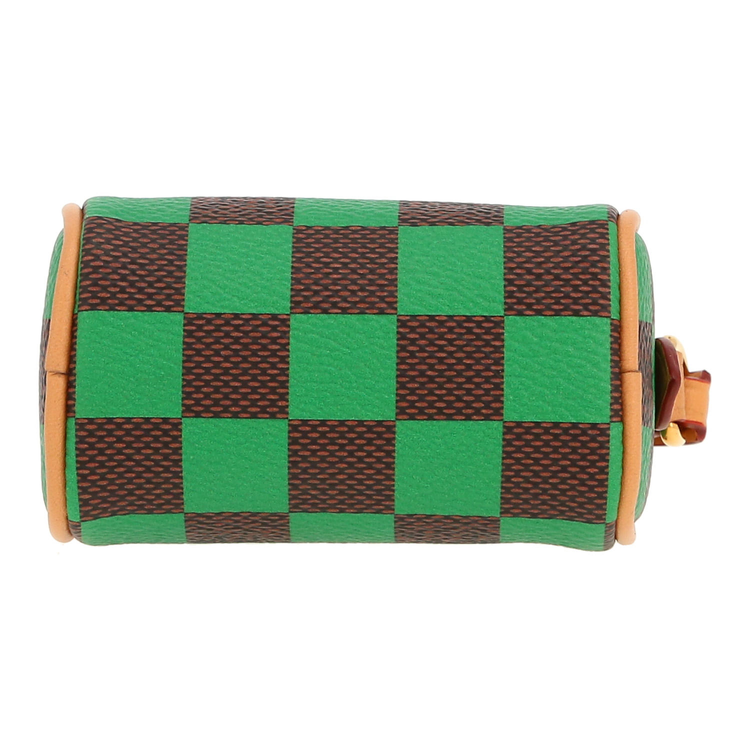 Porte-clef Louis Vuitton Nano Speedy en toile damier marron et verte et cuir naturel - Detail D1