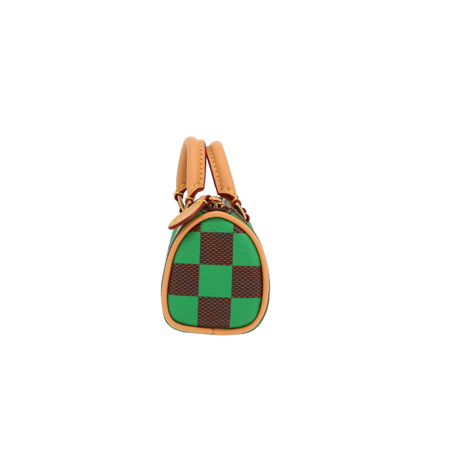 Porte-clef Louis Vuitton Nano Speedy en toile damier marron et verte et cuir naturel - Detail D6