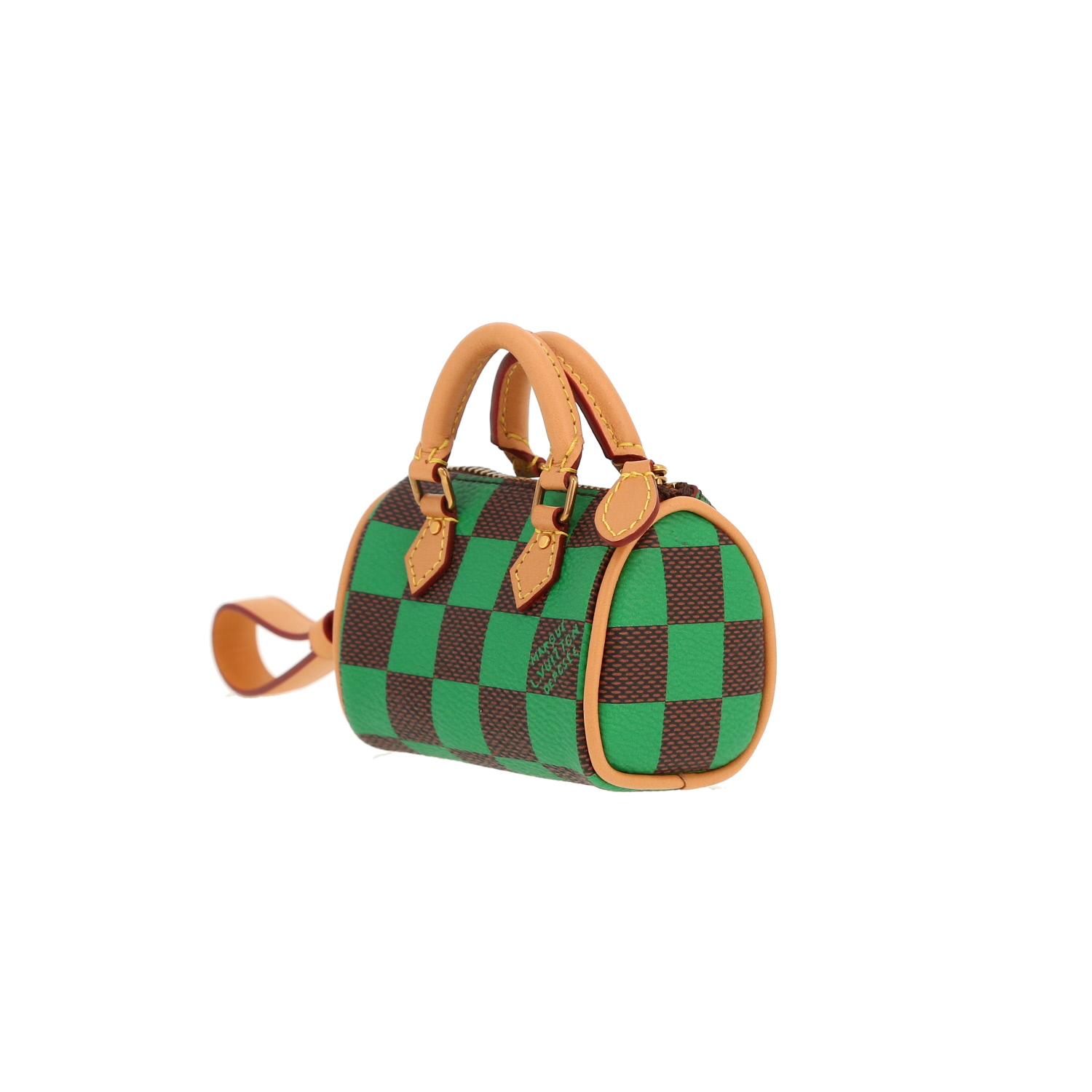 Porte-clef Louis Vuitton Nano Speedy en toile damier marron et verte et cuir naturel - Detail D7
