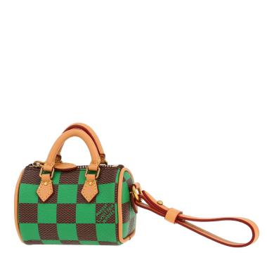 Porte-clef Louis Vuitton  Nano Speedy en toile damier marron et verte et cuir naturel