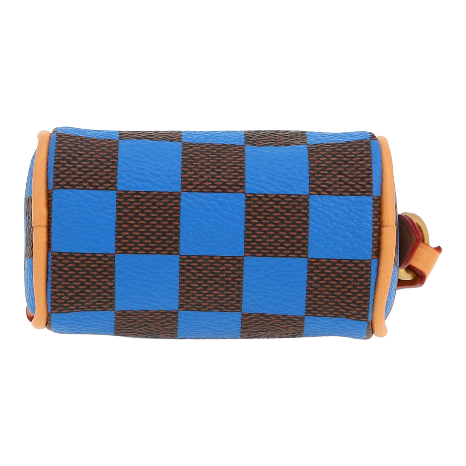 Porte-clef Louis Vuitton  Nano Speedy en toile damier marron et bleue et cuir naturel - Detail D1