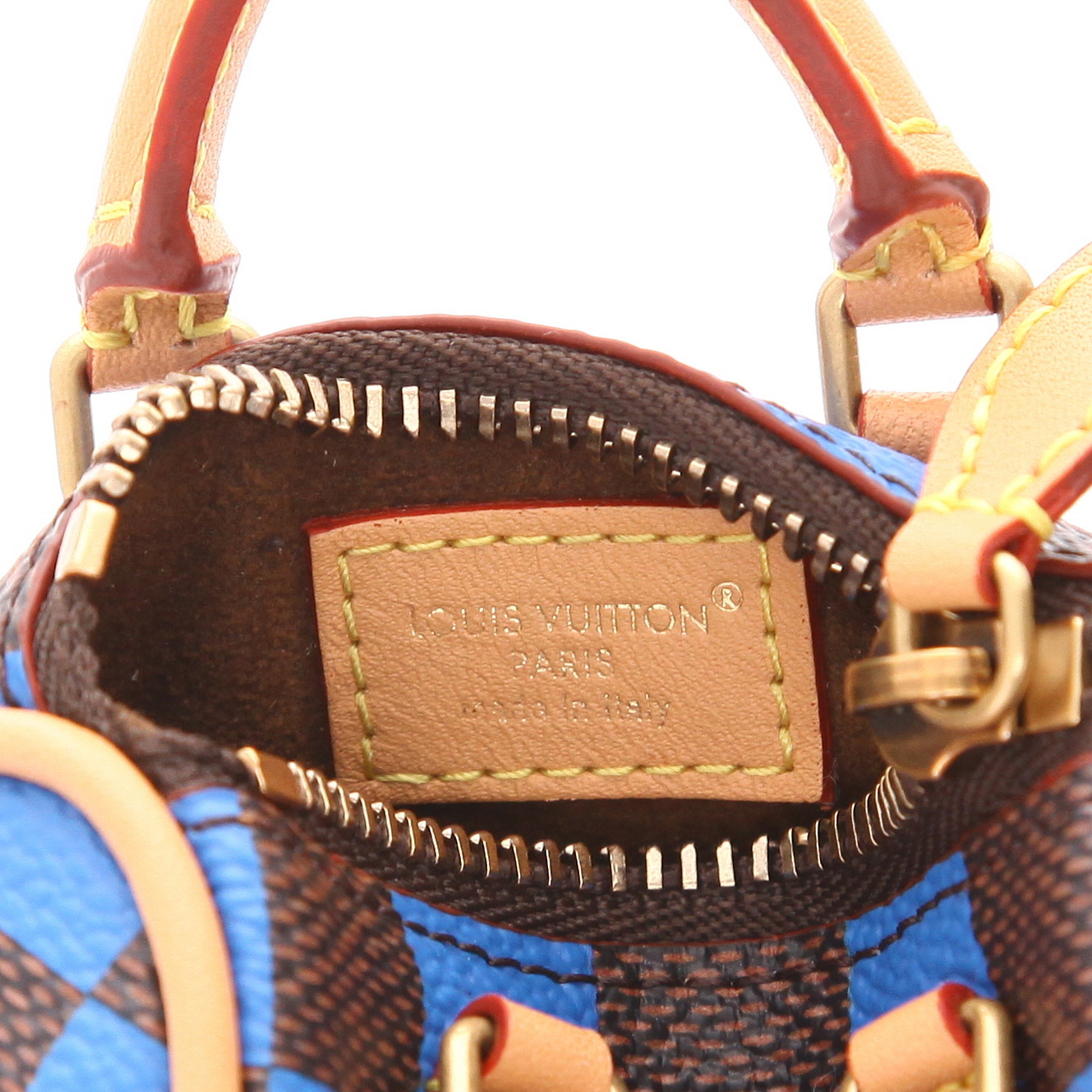 Llavero Louis Vuitton  Nano Speedy en lona a cuadros marrón y azul y cuero natural - Detail D2