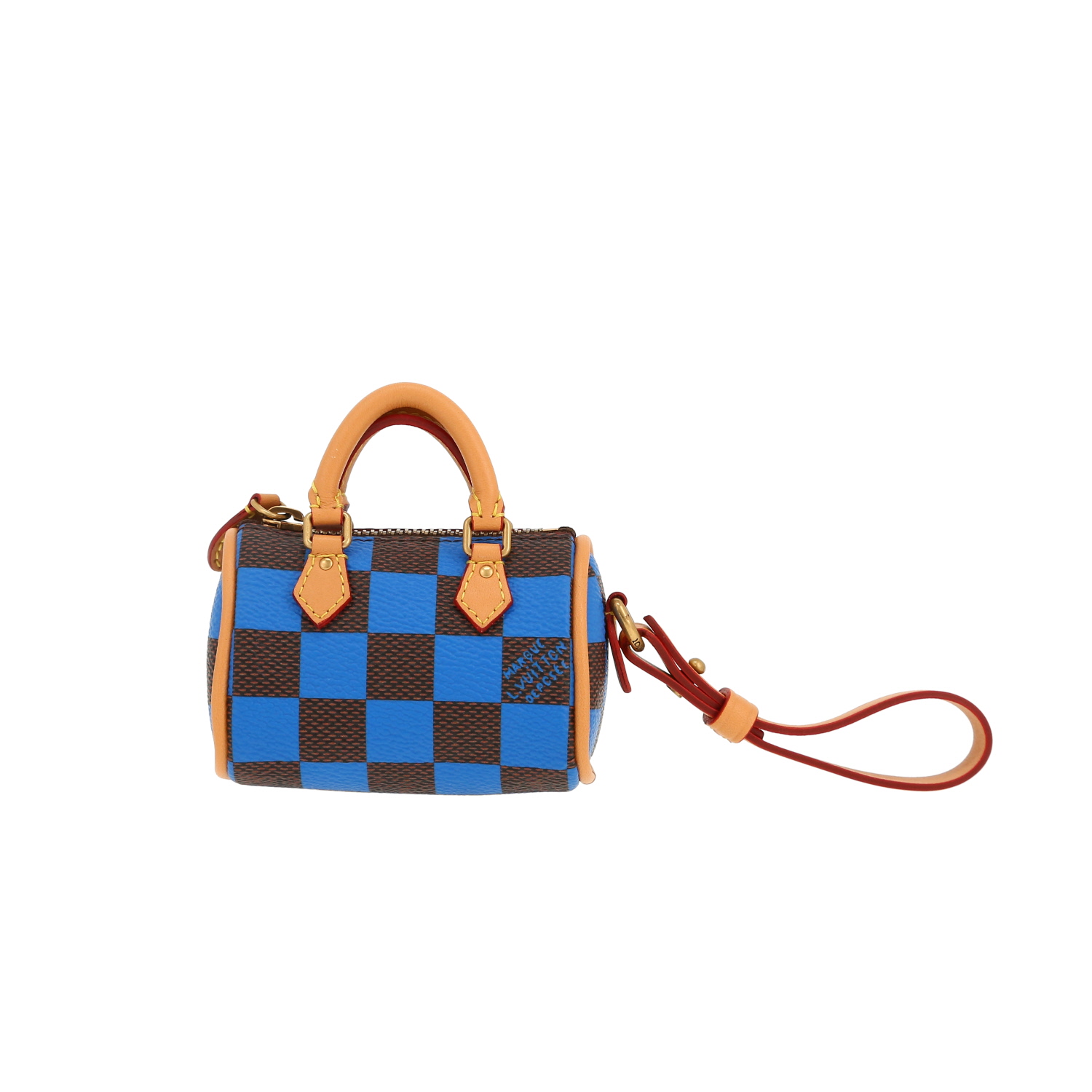 Porte-clef Louis Vuitton  Nano Speedy en toile damier marron et bleue et cuir naturel - Detail D4