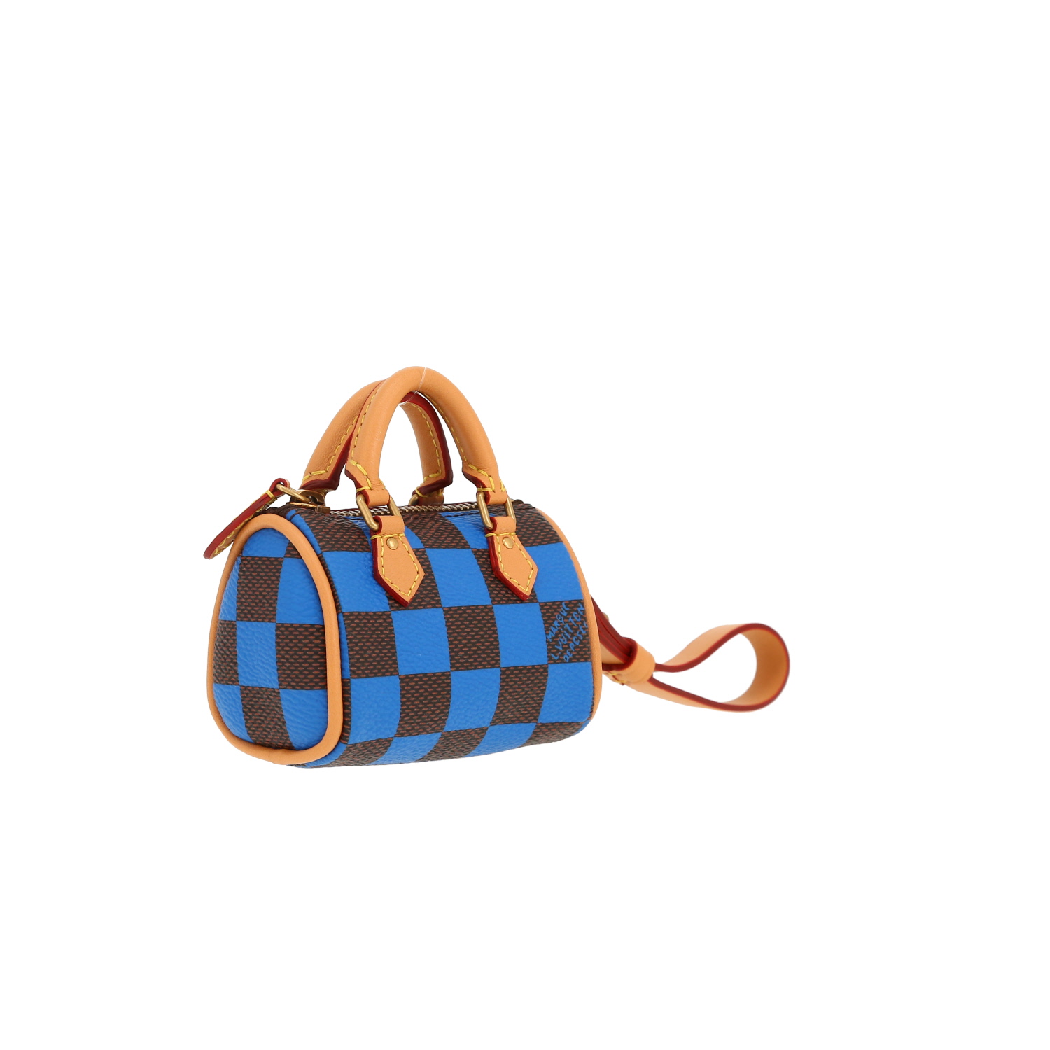 Porte-clef Louis Vuitton  Nano Speedy en toile damier marron et bleue et cuir naturel - Detail D5