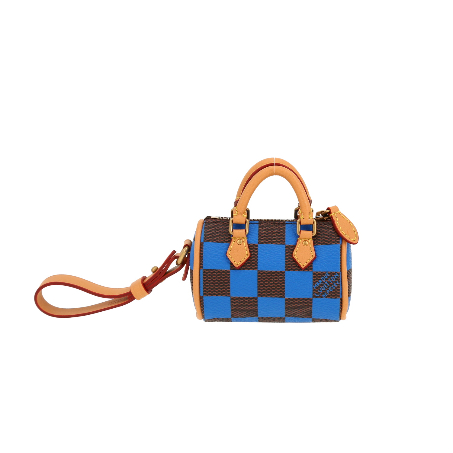 Porte-clef Louis Vuitton  Nano Speedy en toile damier marron et bleue et cuir naturel - Detail D8