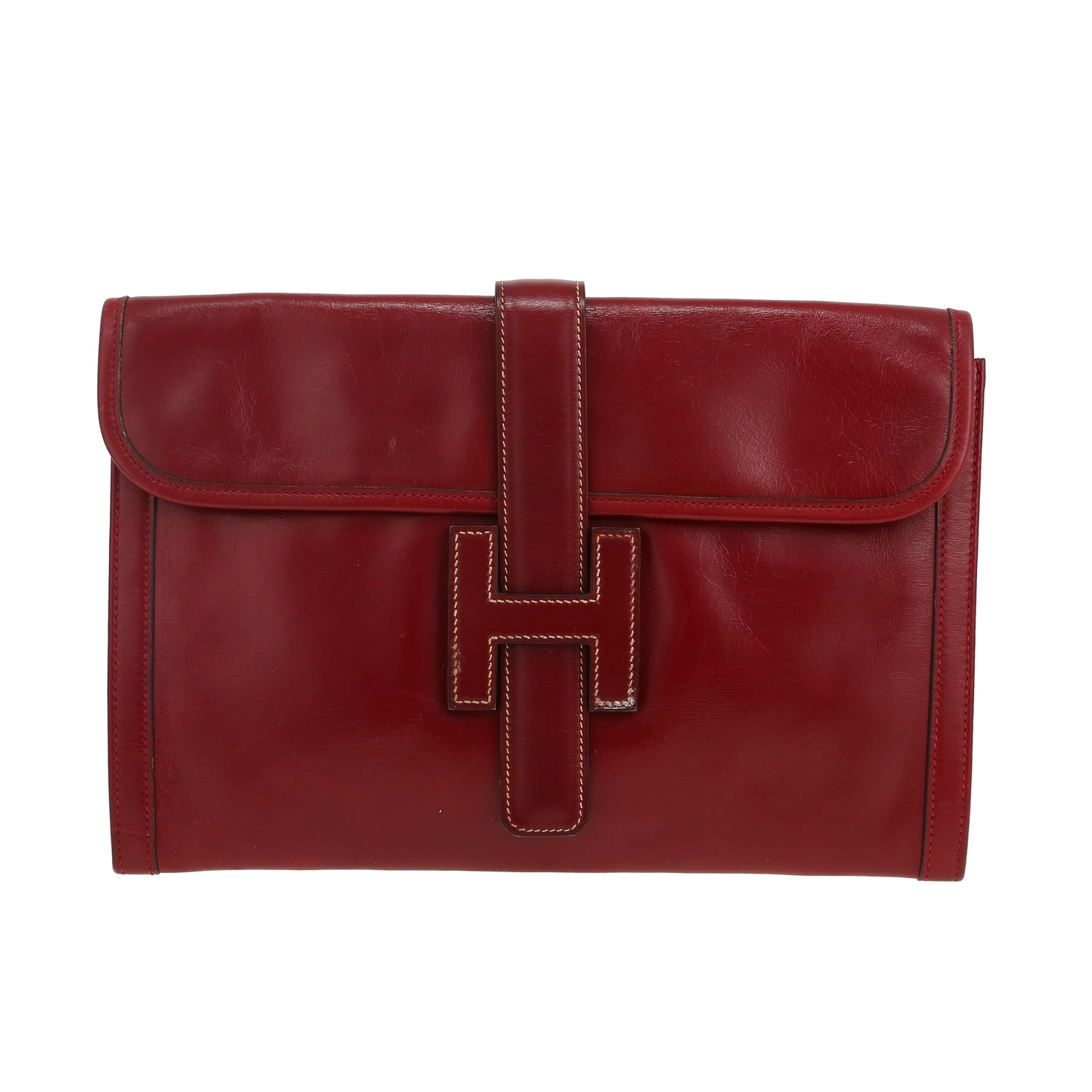 Pochette Hermès Jige en cuir box bordeaux - Detail D4
