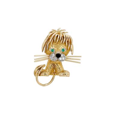 Broche-colgante Van Cleef 
Arpels Lion Ebouriffé modelo pequeño de oro amarillo, diamantes y esmeraldas