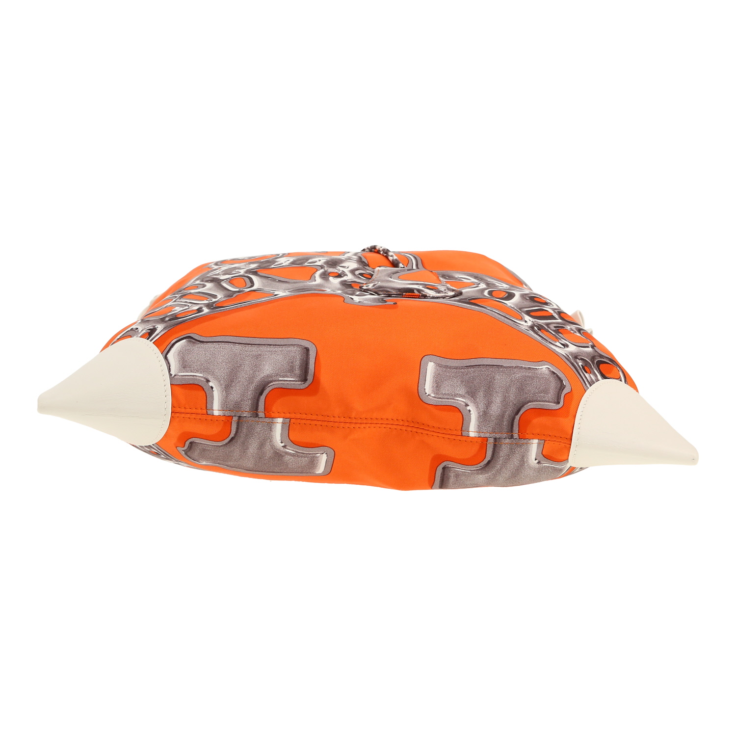 Sac bandoulière Hermès  Silk City en soie orange et grise et cuir blanc - Detail D1