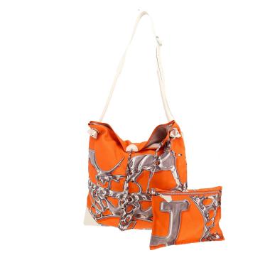 Borsa a tracolla Hermès  Silk City in seta arancione e grigia e pelle bianca