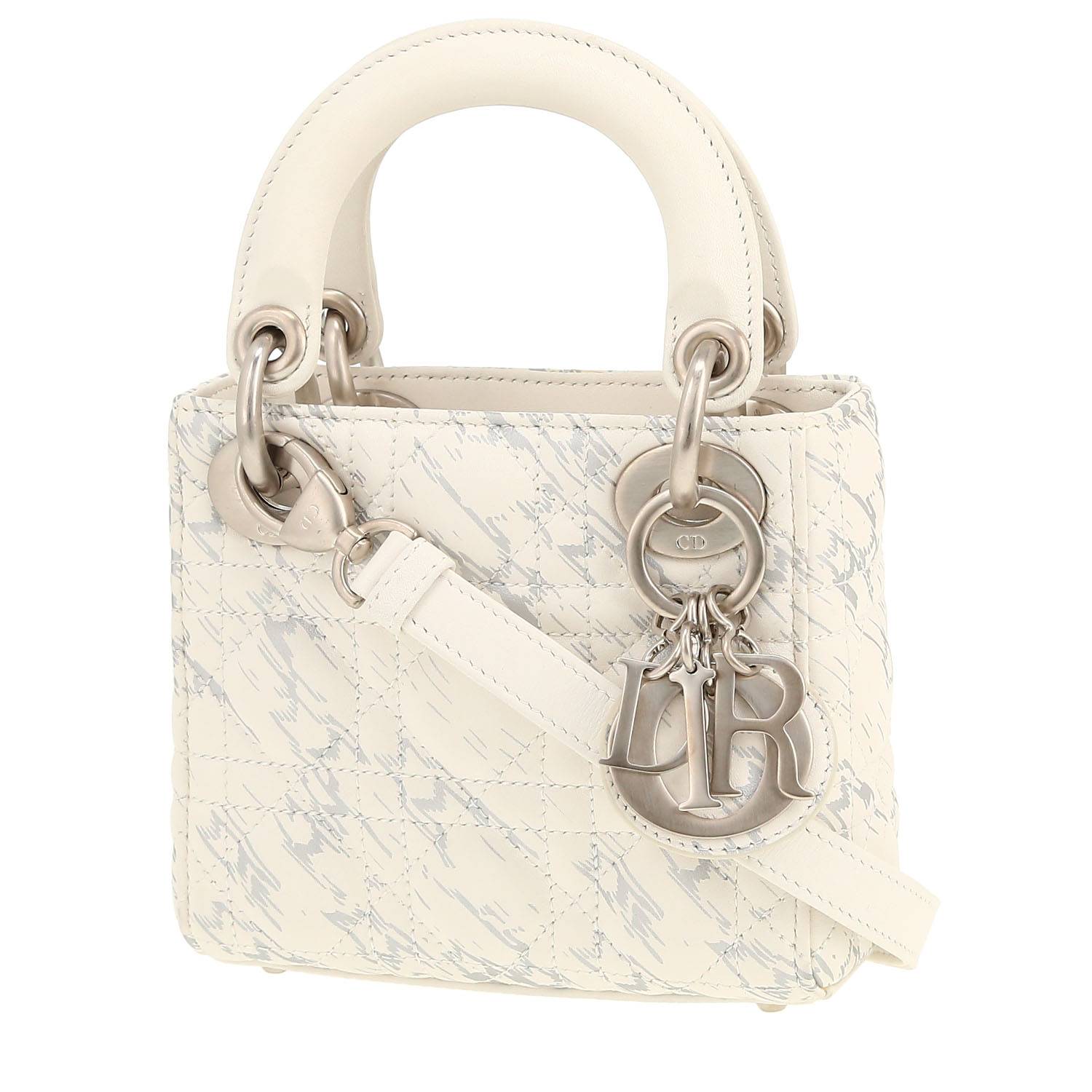 Bolso bandolera Dior  Lady Dior mini  en cuero bicolor blanco y plateado - 00pp