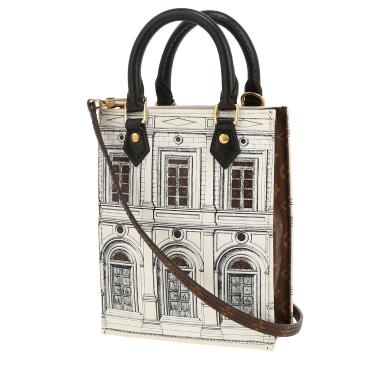 Sac à main Louis Vuitton X Fornasetti édition limitée Sac Plat mini  en toile monogram enduite marron et cuir noir