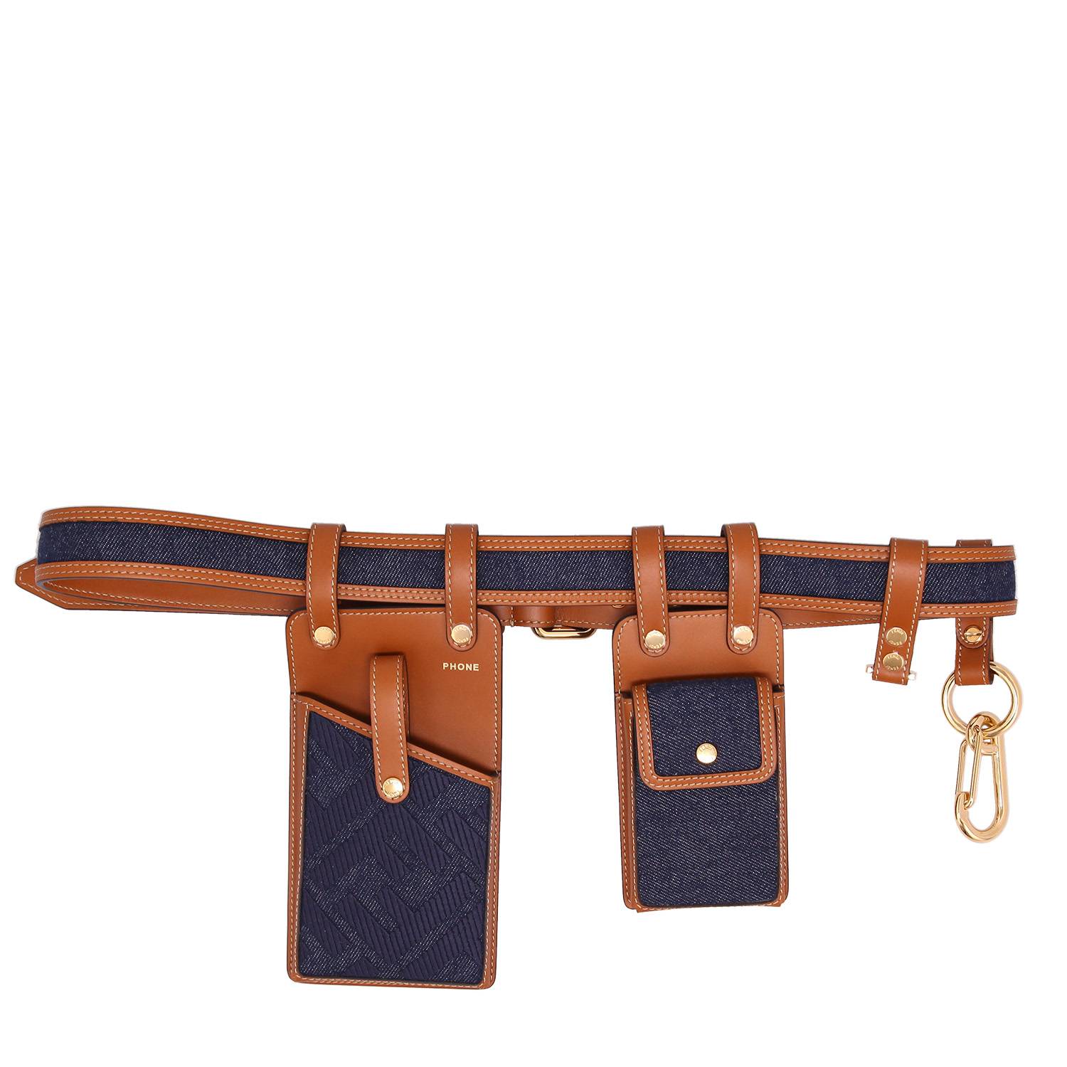 Fendi clutch-belt in brown leather and dark blue denim