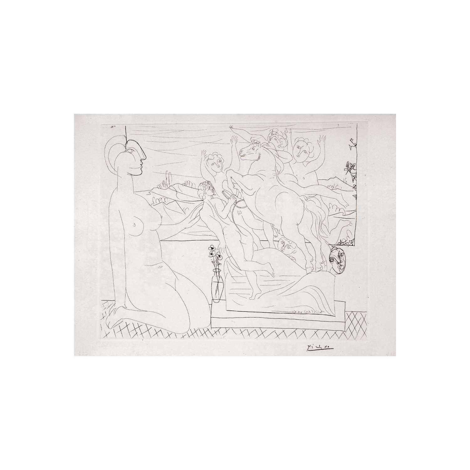 Pablo Picasso (1881-1973), Marie-Thérèse agenouillée contemplant un Groupe sculpté, from: La Suite Vollard - 1933 - Detail D1