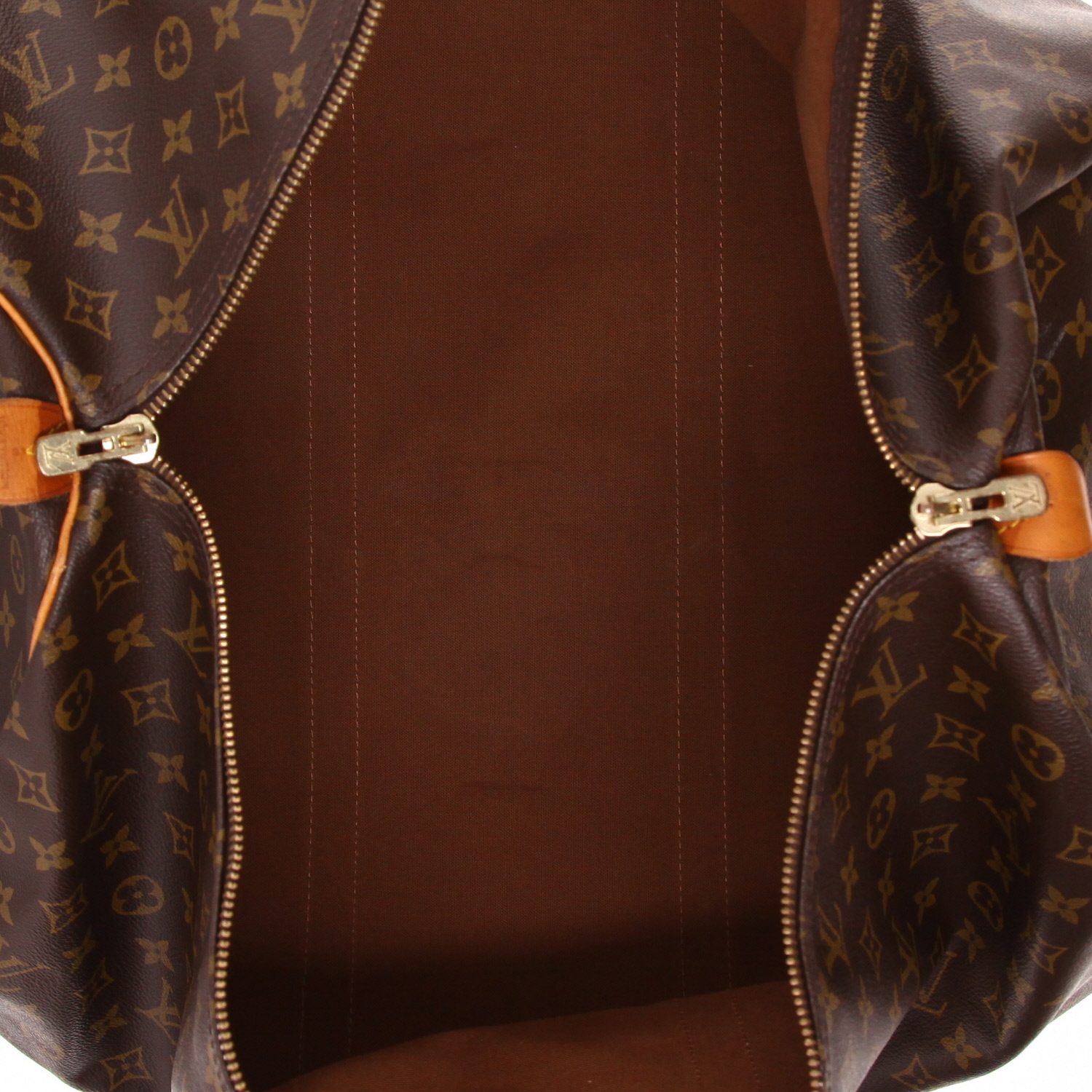 Sac de voyage Louis Vuitton  Keepall 60 en toile monogram marron et cuir naturel - Detail D3
