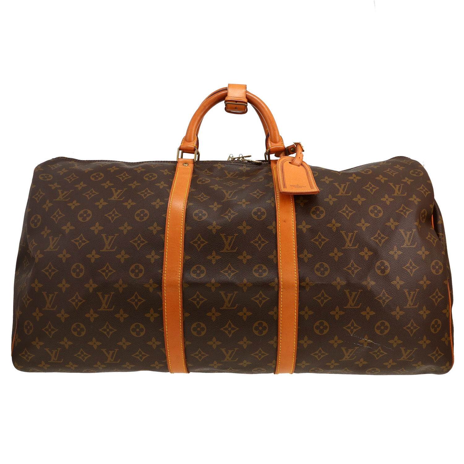 Bolsa de viaje Louis Vuitton  Keepall 60 en lona Monogram marrón y cuero natural - Detail D4