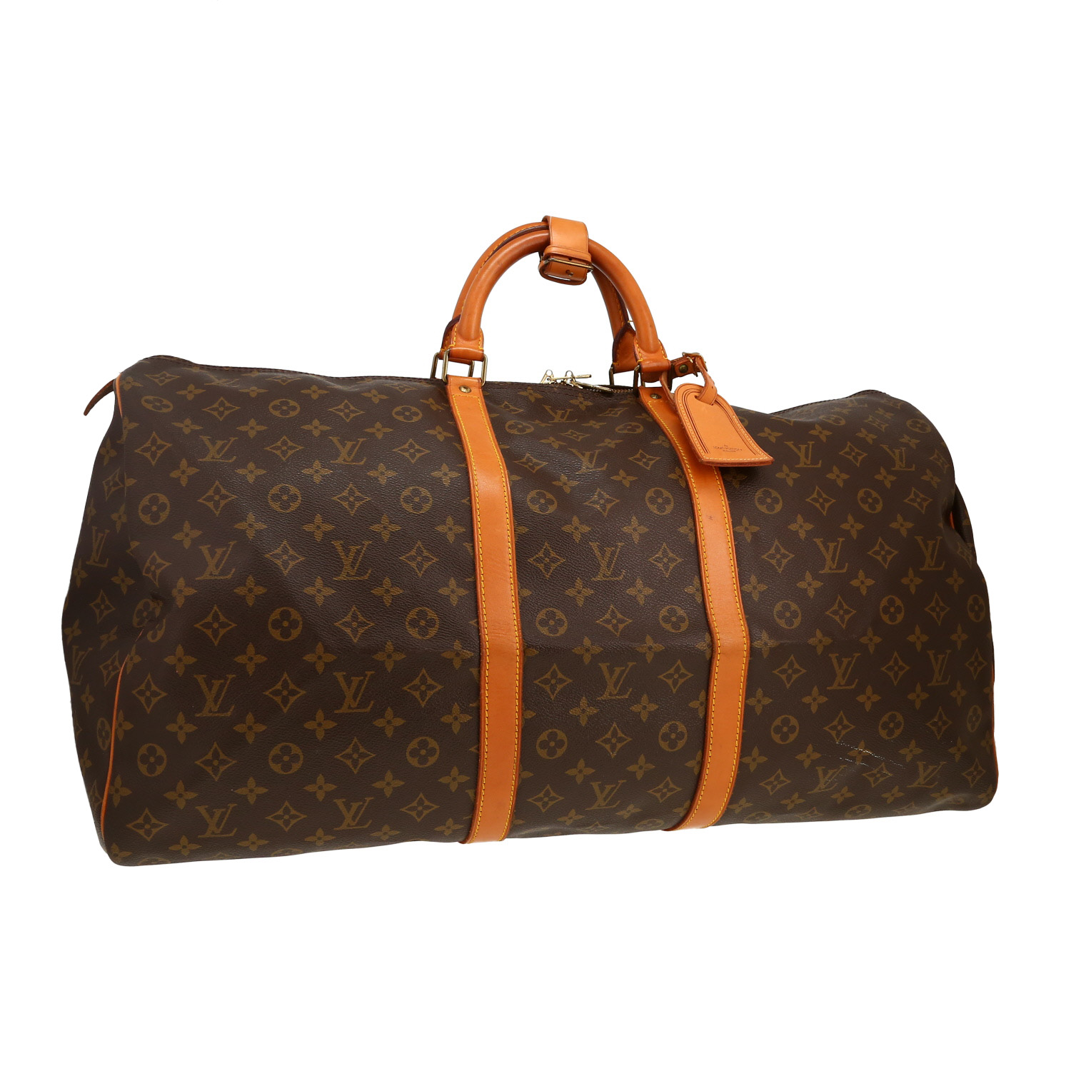 Bolsa de viaje Louis Vuitton  Keepall 60 en lona Monogram marrón y cuero natural - Detail D5