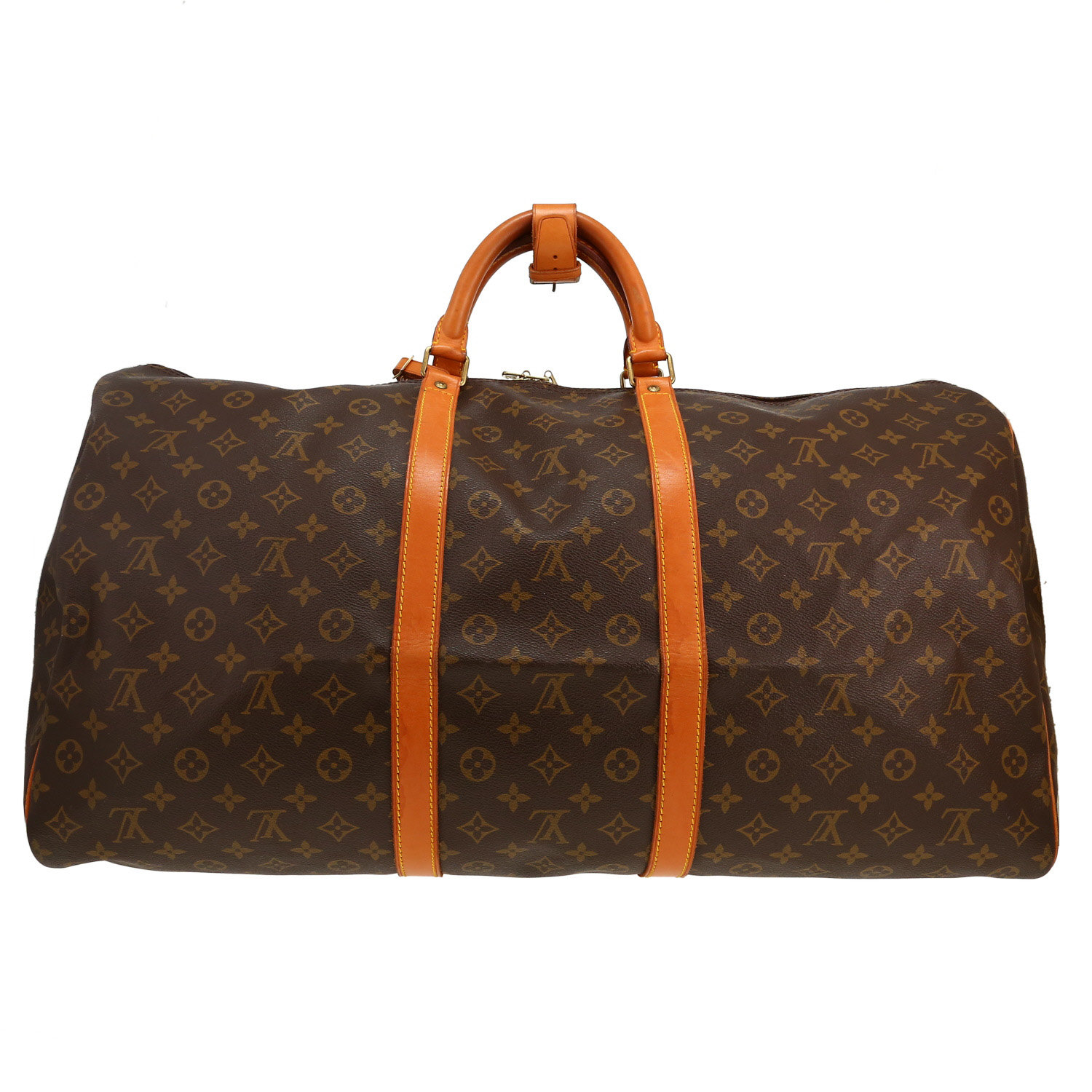 Sac de voyage Louis Vuitton  Keepall 60 en toile monogram marron et cuir naturel - Detail D7
