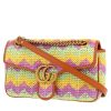 Sac à main Gucci  GG Marmont en raffia jaune vert et violet et cuir marron - 00pp thumbnail