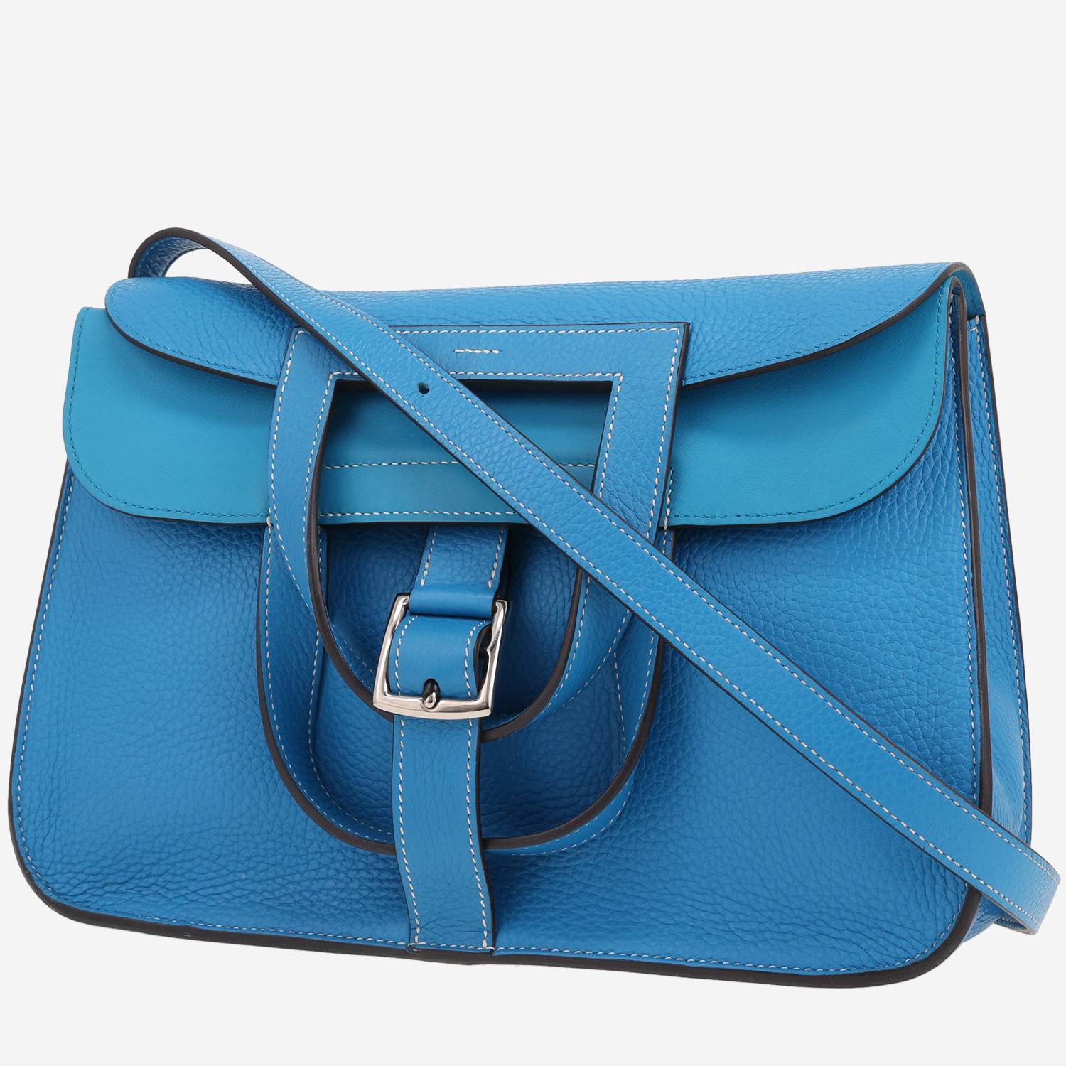 Borsa Hermès Halzan in pelle di vitello Clémence, colore Bleu Zanzibar