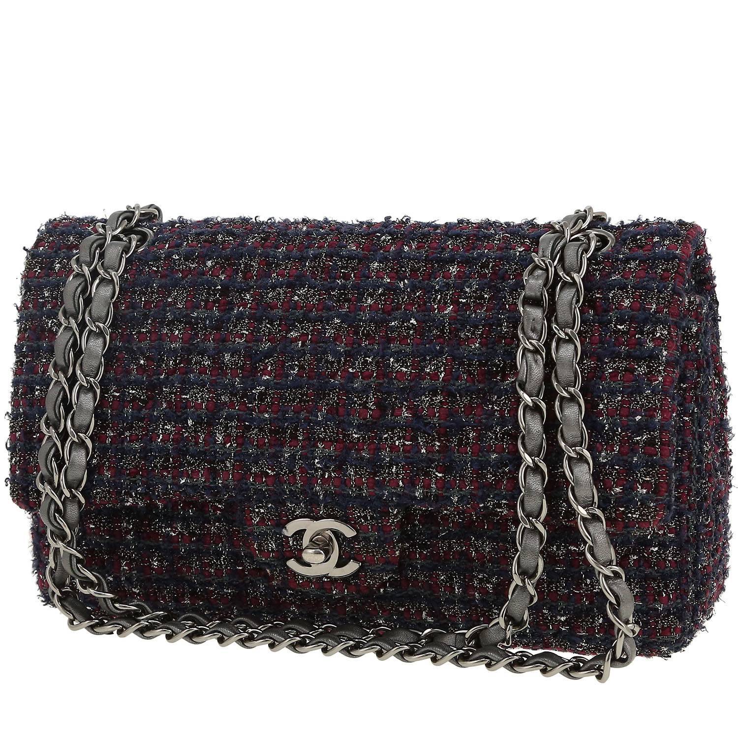 Sac Chanel Timeless Classic Tweed Bleu-Marine Bordeaux Occasion