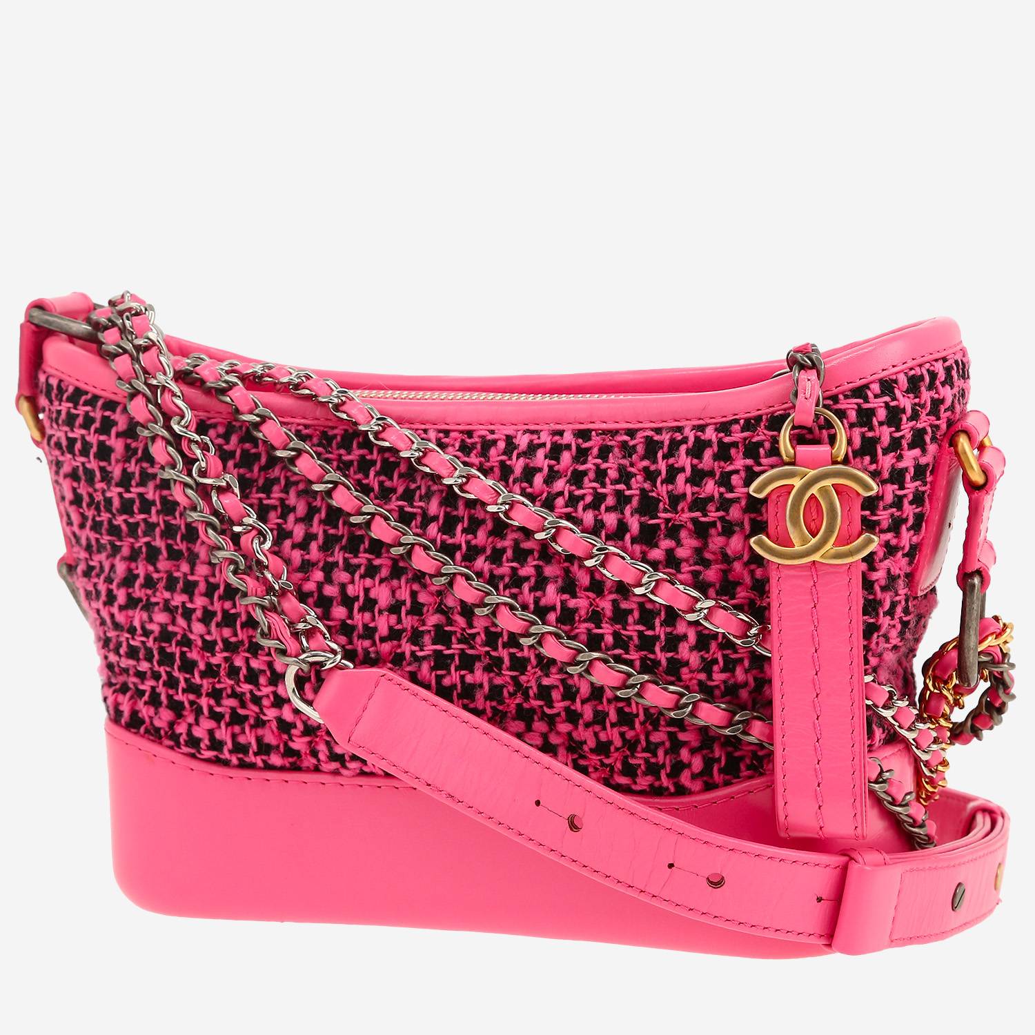 Chanel  Gabrielle  small model  shoulder bag  in pink and black tweed  and pink leather